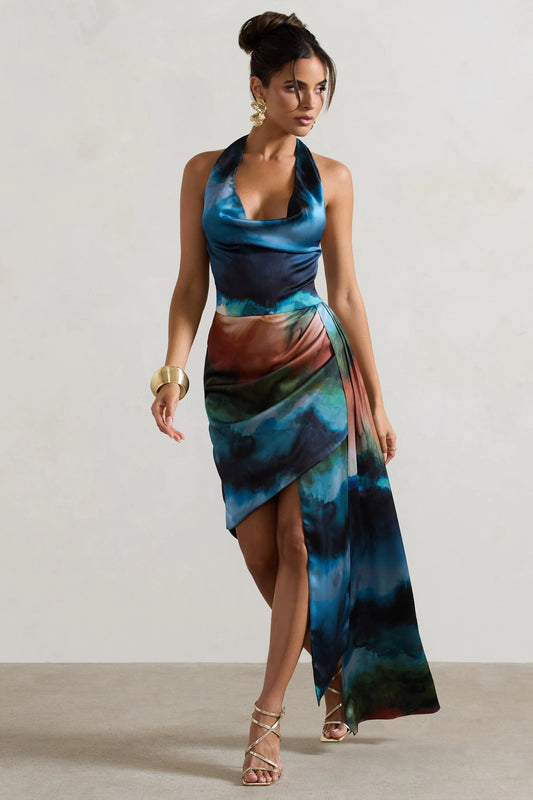 Bali | Blue Blur Print Satin Cowl-Neck Draped Mini Dress