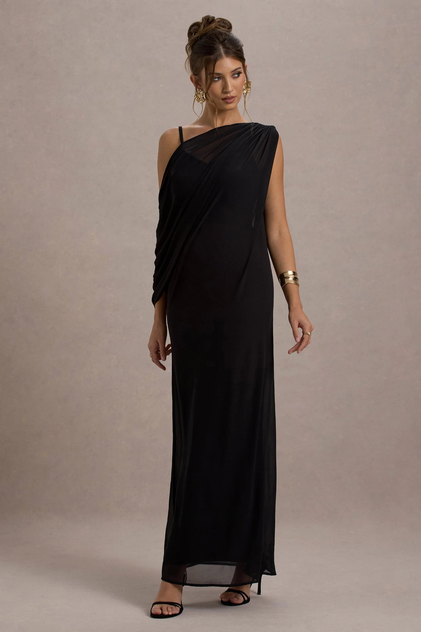 Aeliana | Black Strappy V-Neck Maxi Dress With Chiffon Sash