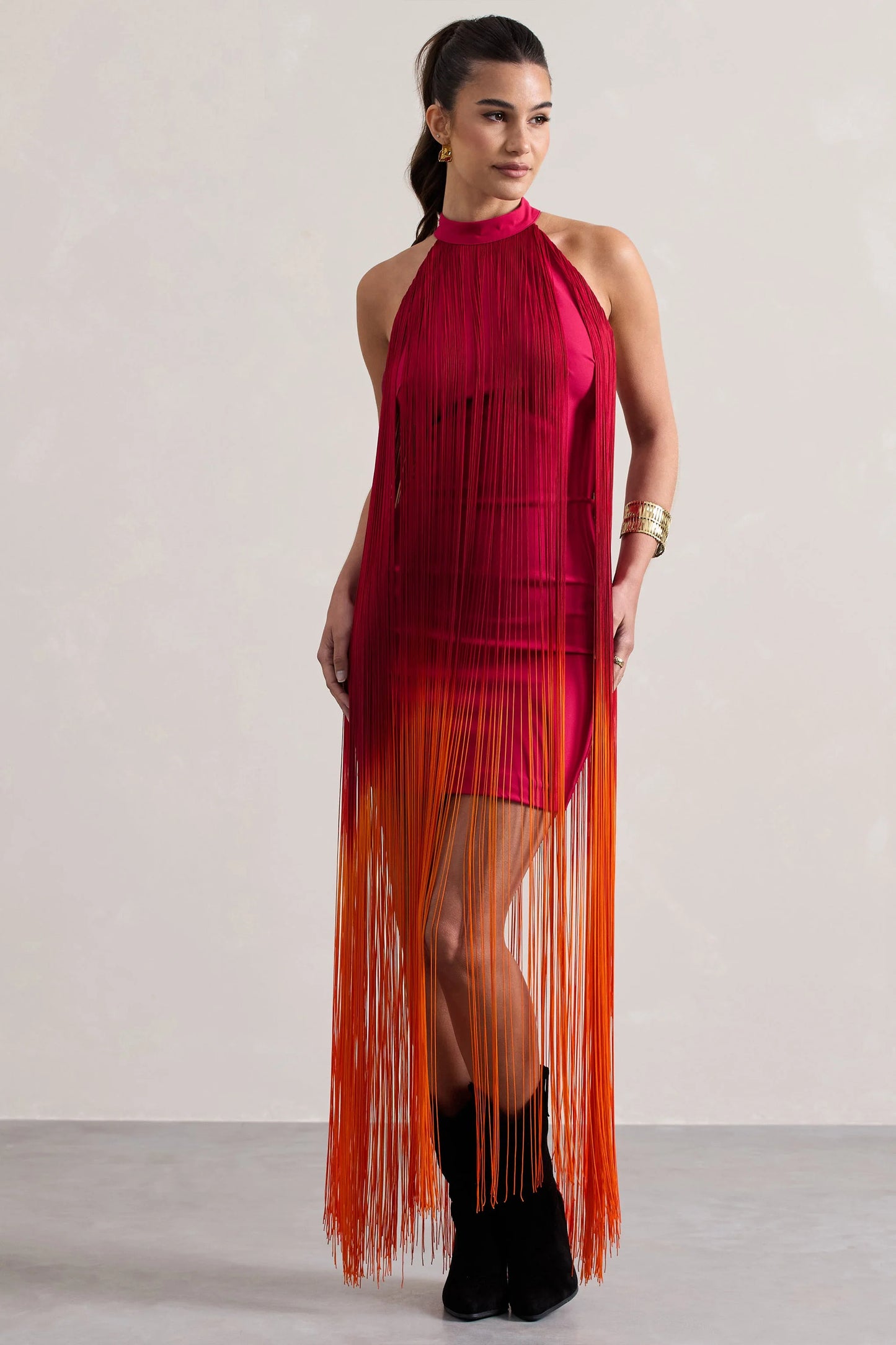 Arizona | Pink & Orange Ombre Fringe High-Neck Mini Dress