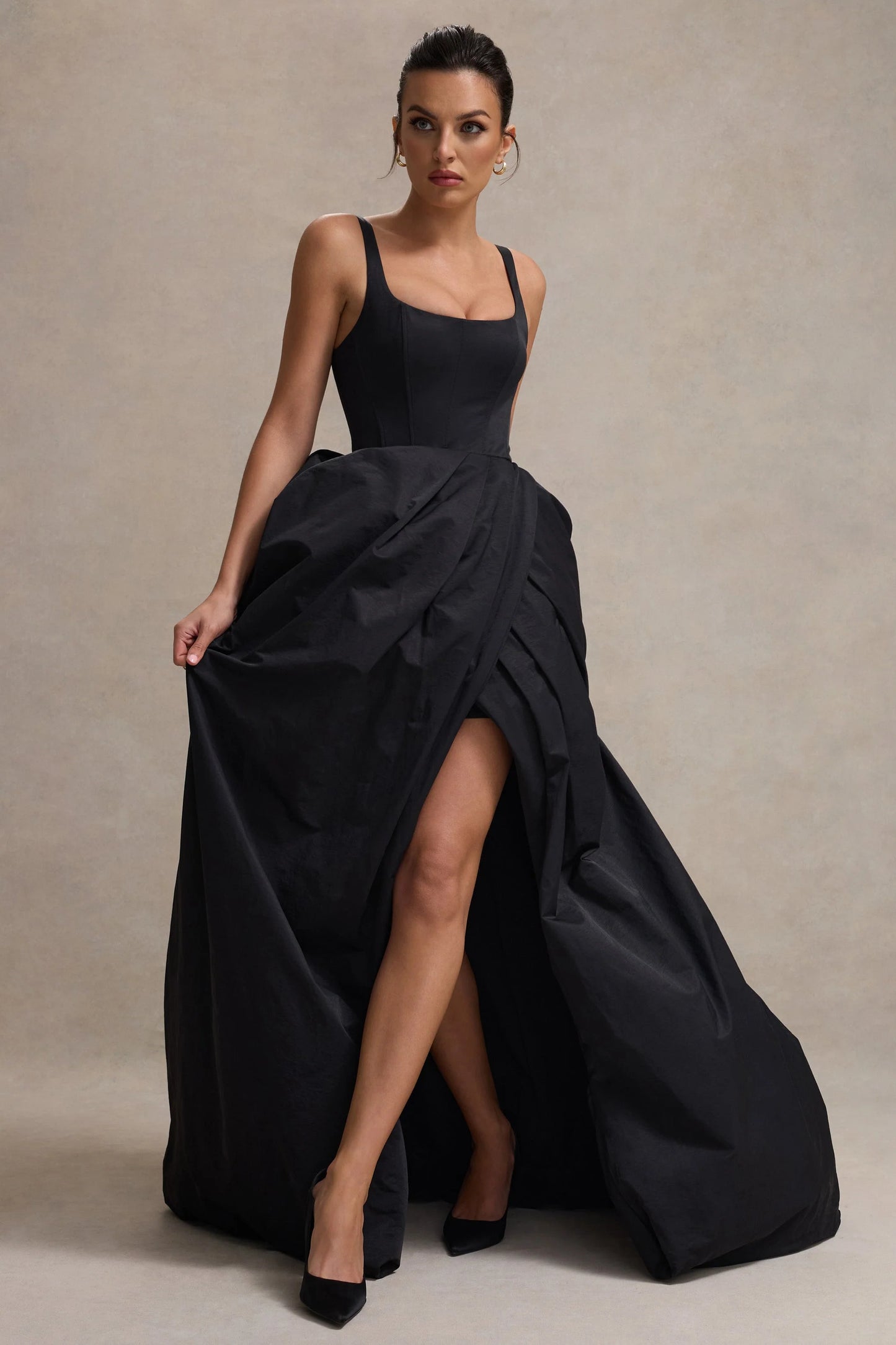 Infinite | Black Strappy Maxi Dress With Volume High-Low Skirt