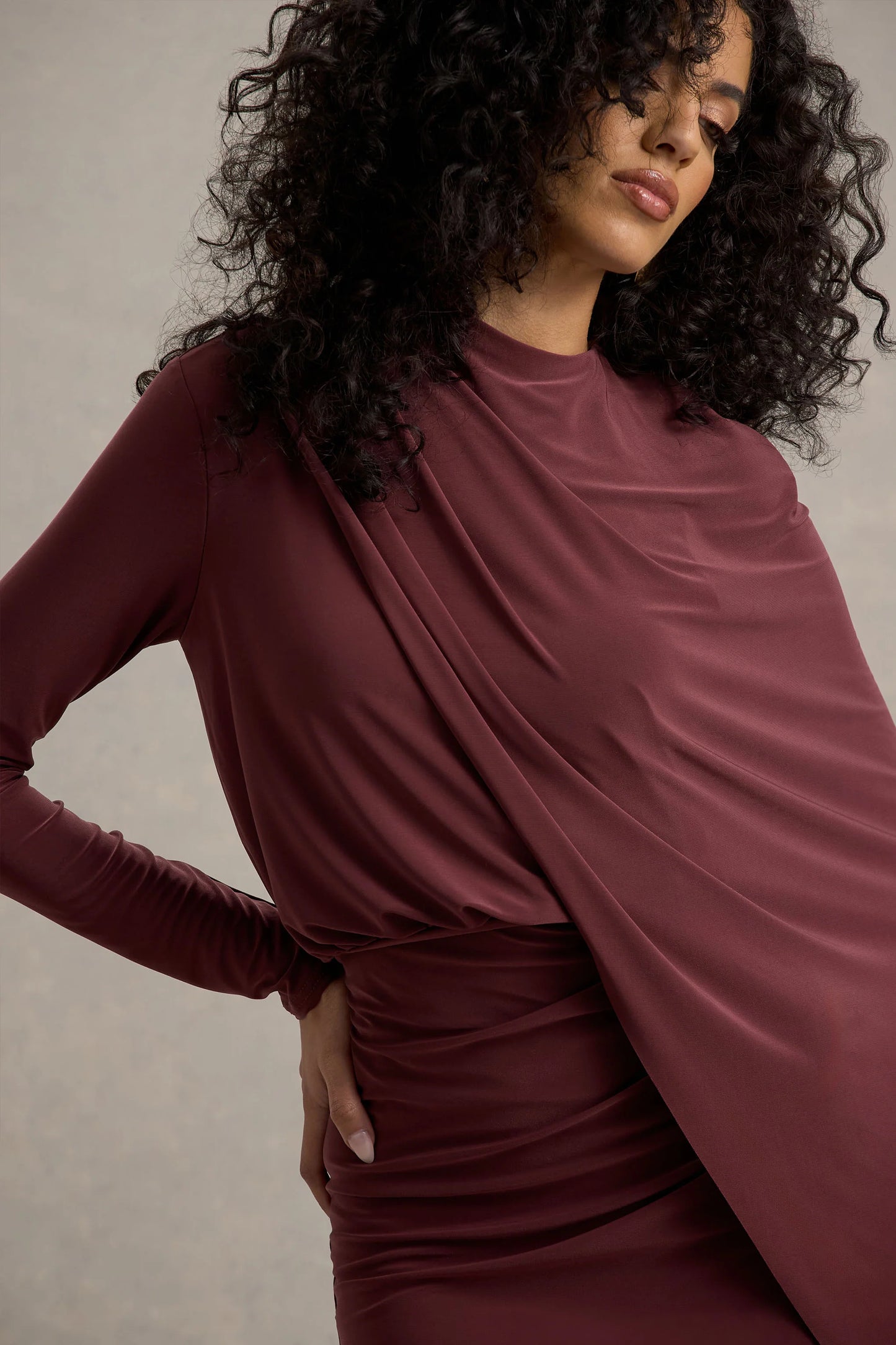 Celeste | Burgundy Long-Sleeve Mini Dress With Cape Sleeve