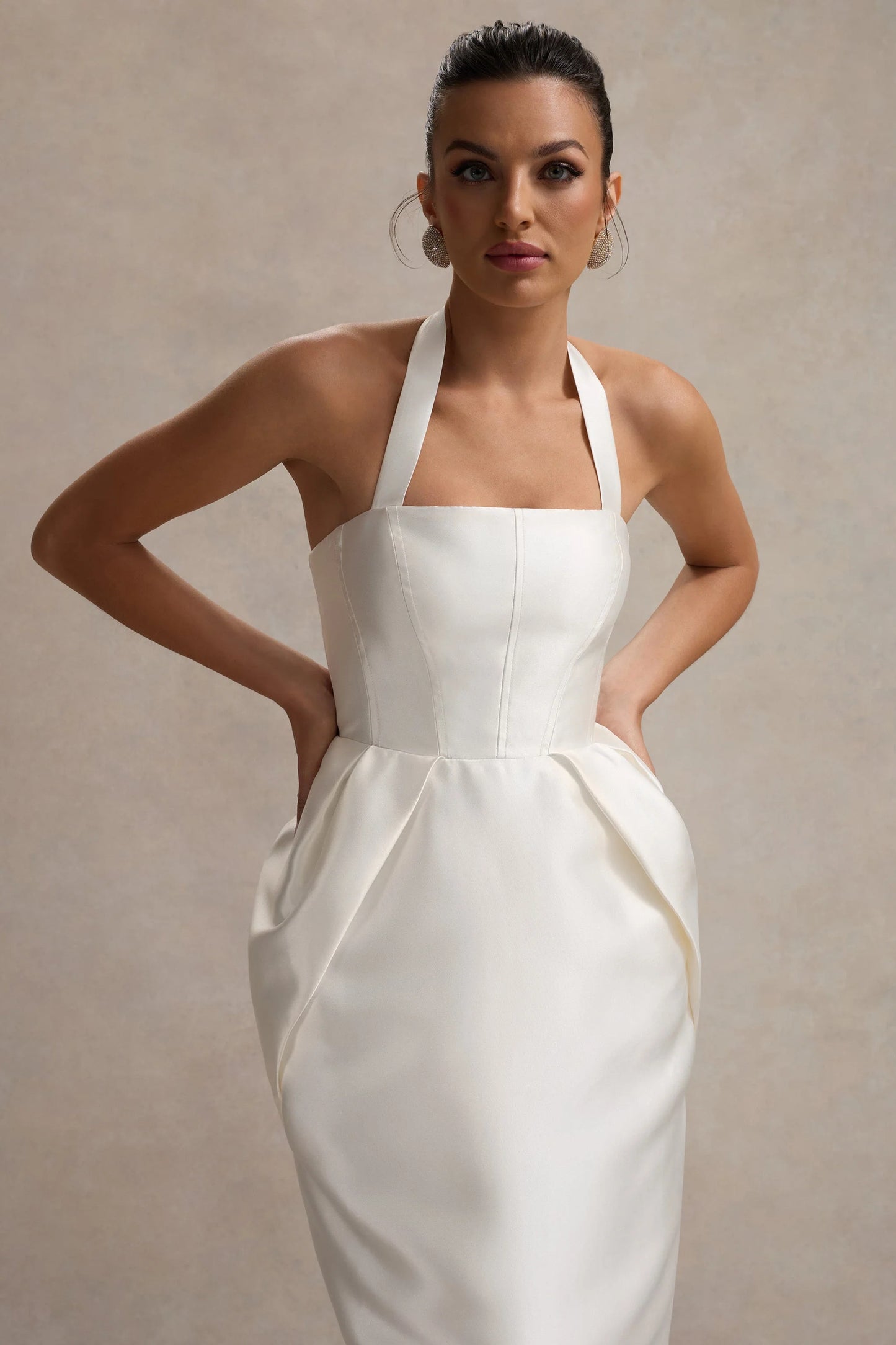 Cosetta | White Halter-Neck Midi Dress With Tulip Skirt