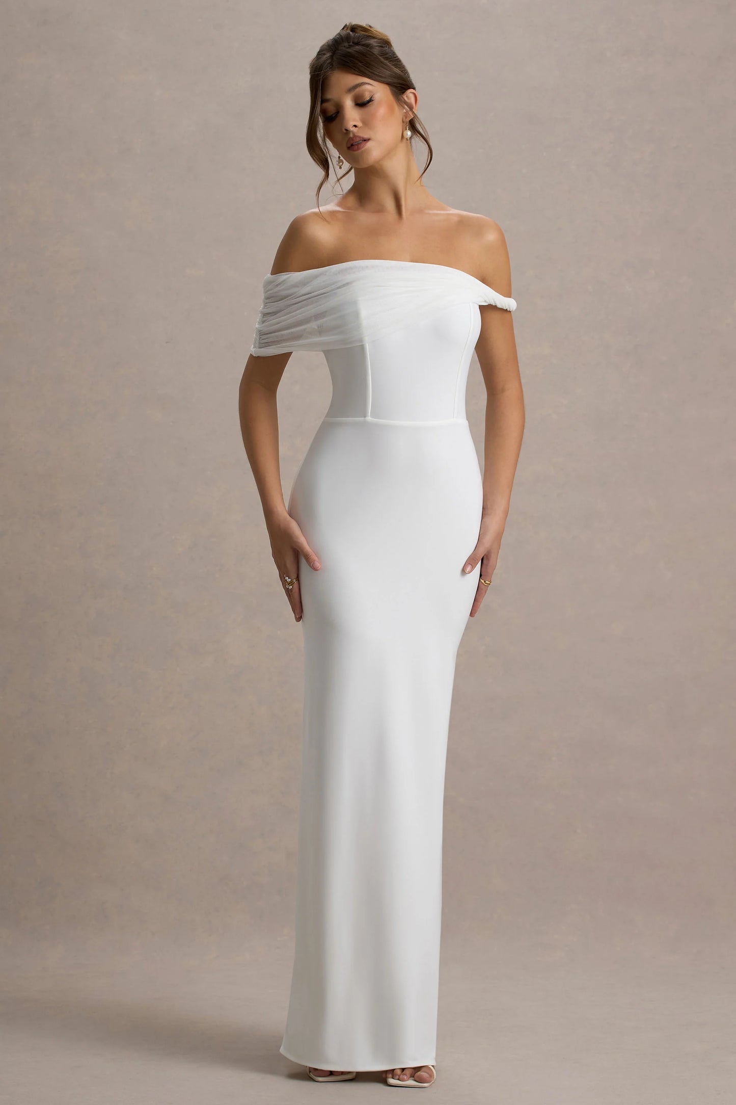 Alonza | White Twisted Bardot Maxi Dress