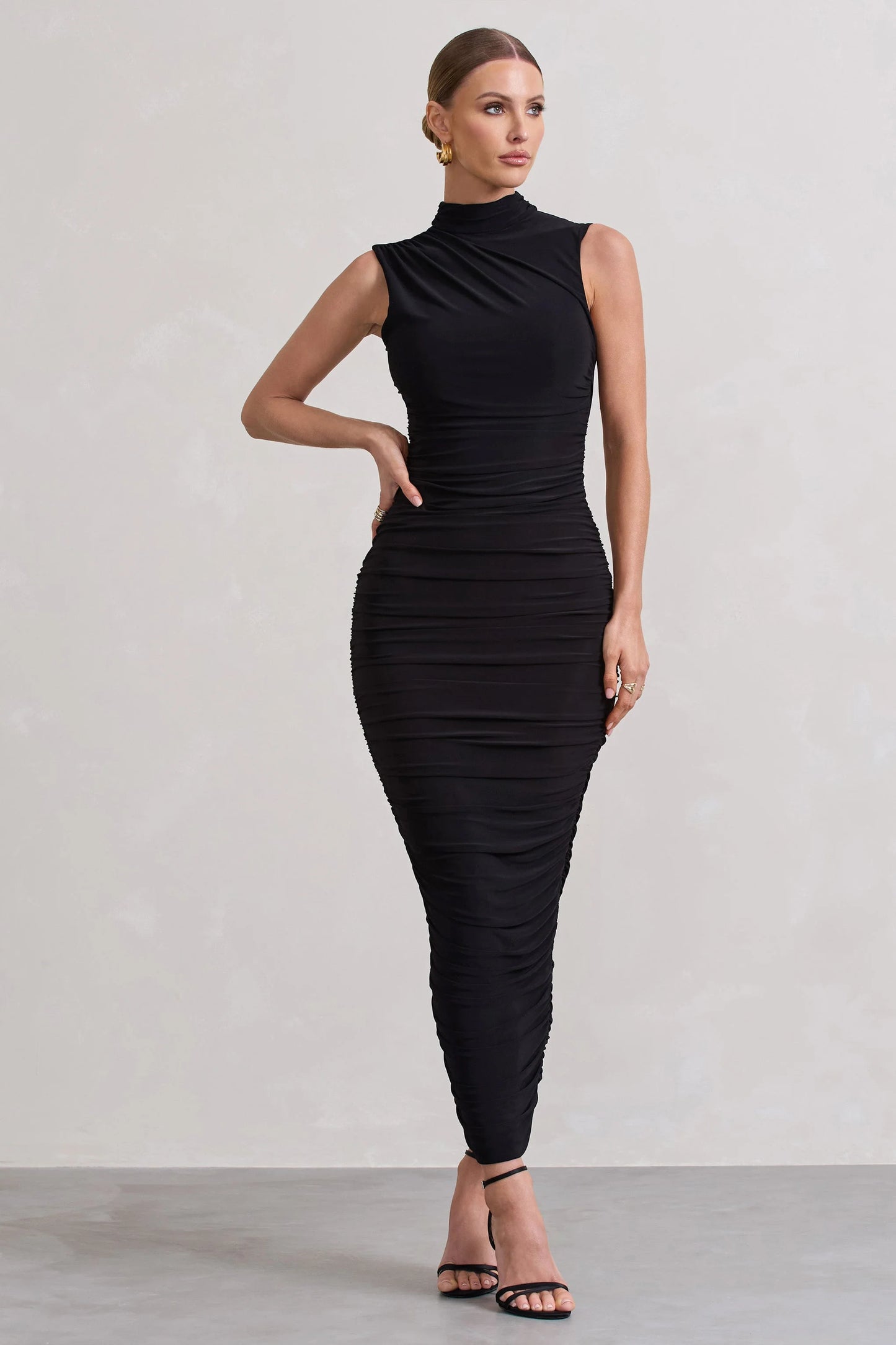 Jaded | Black Bodycon Ruched High-Neck Open-Back Maxi Dress