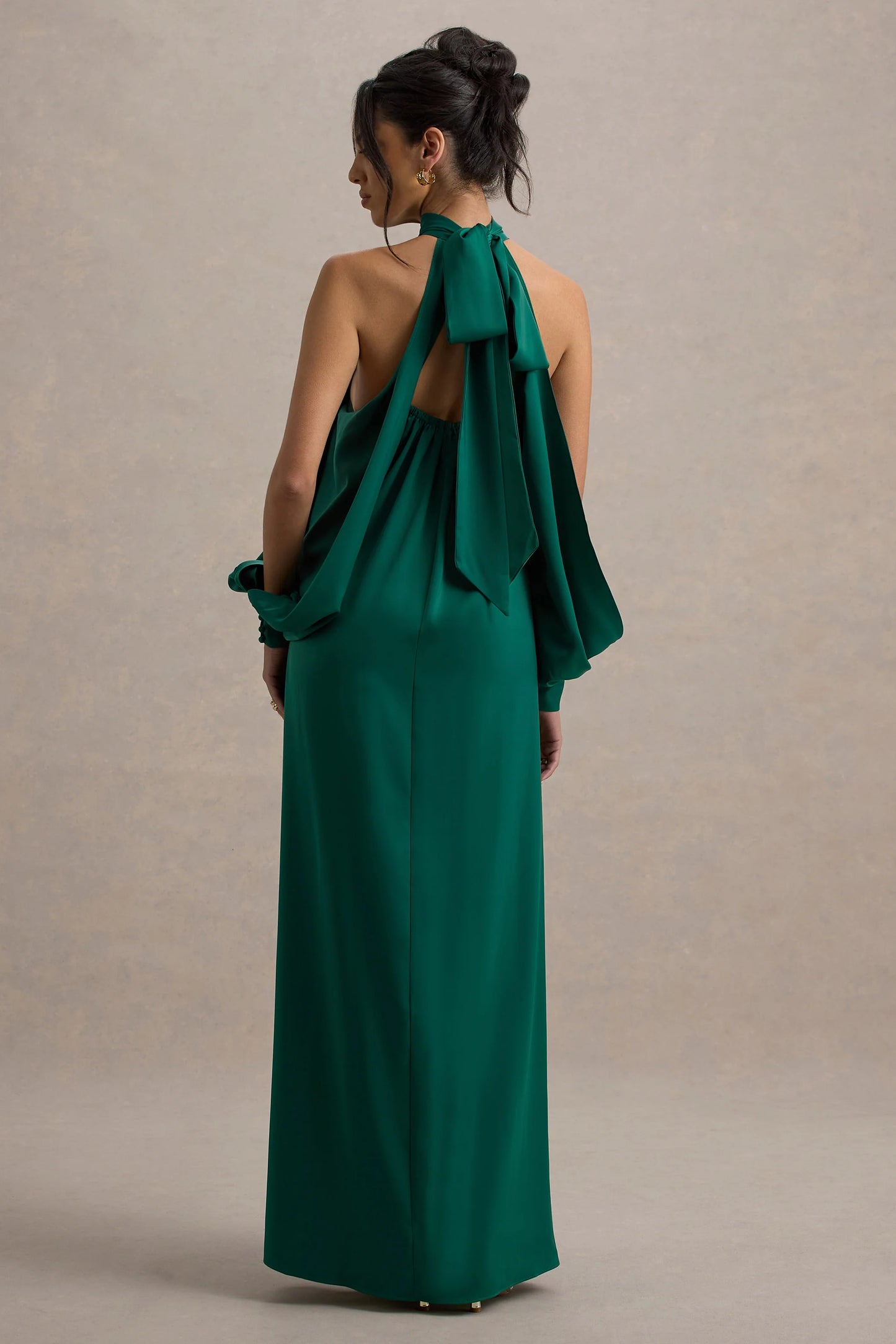 Baila | Bottle Green Satin High-Neck Cape-Sleeve Maxi Dress