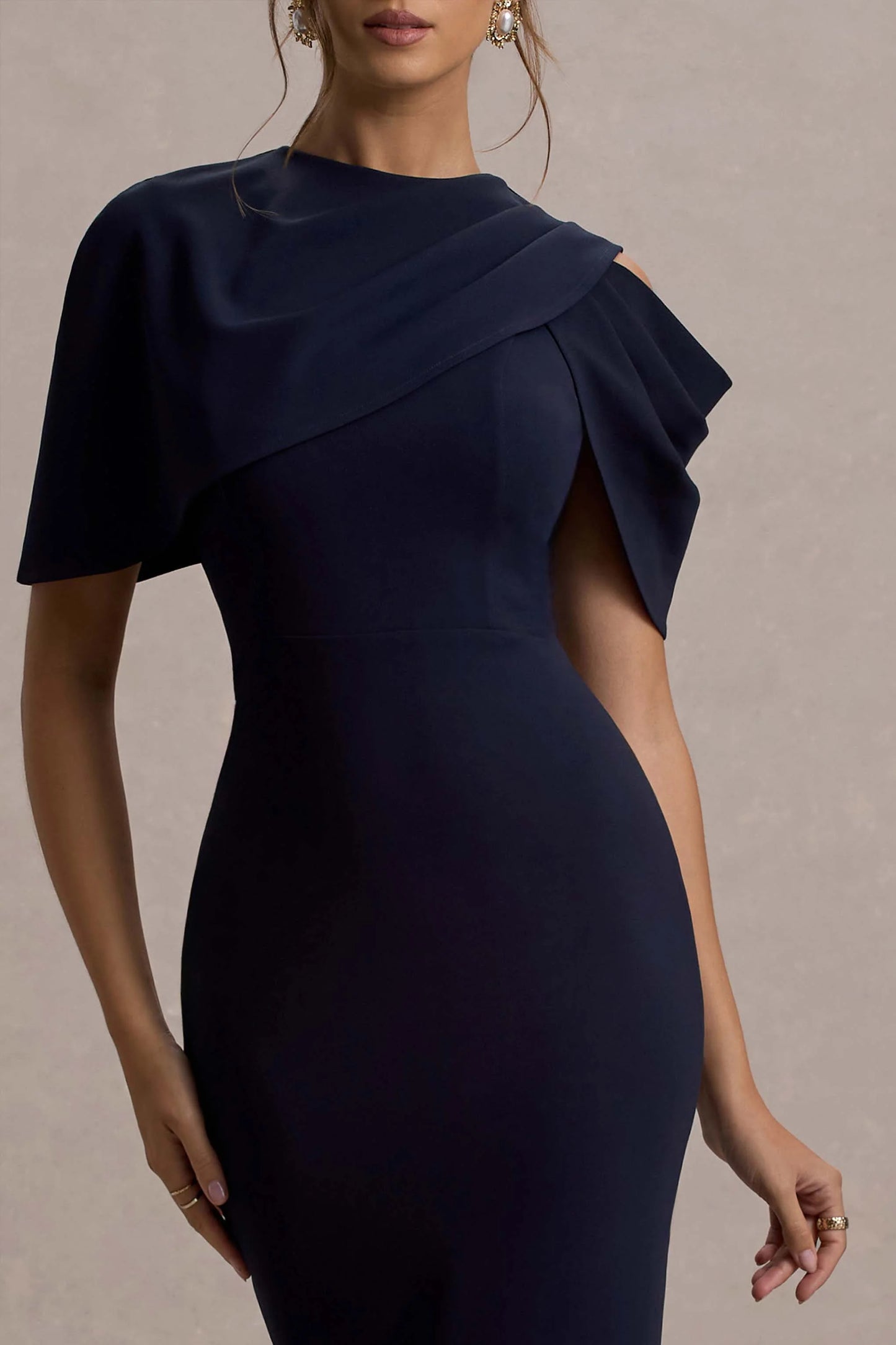 Dorothea | Navy Draped Midi Dress With Cape