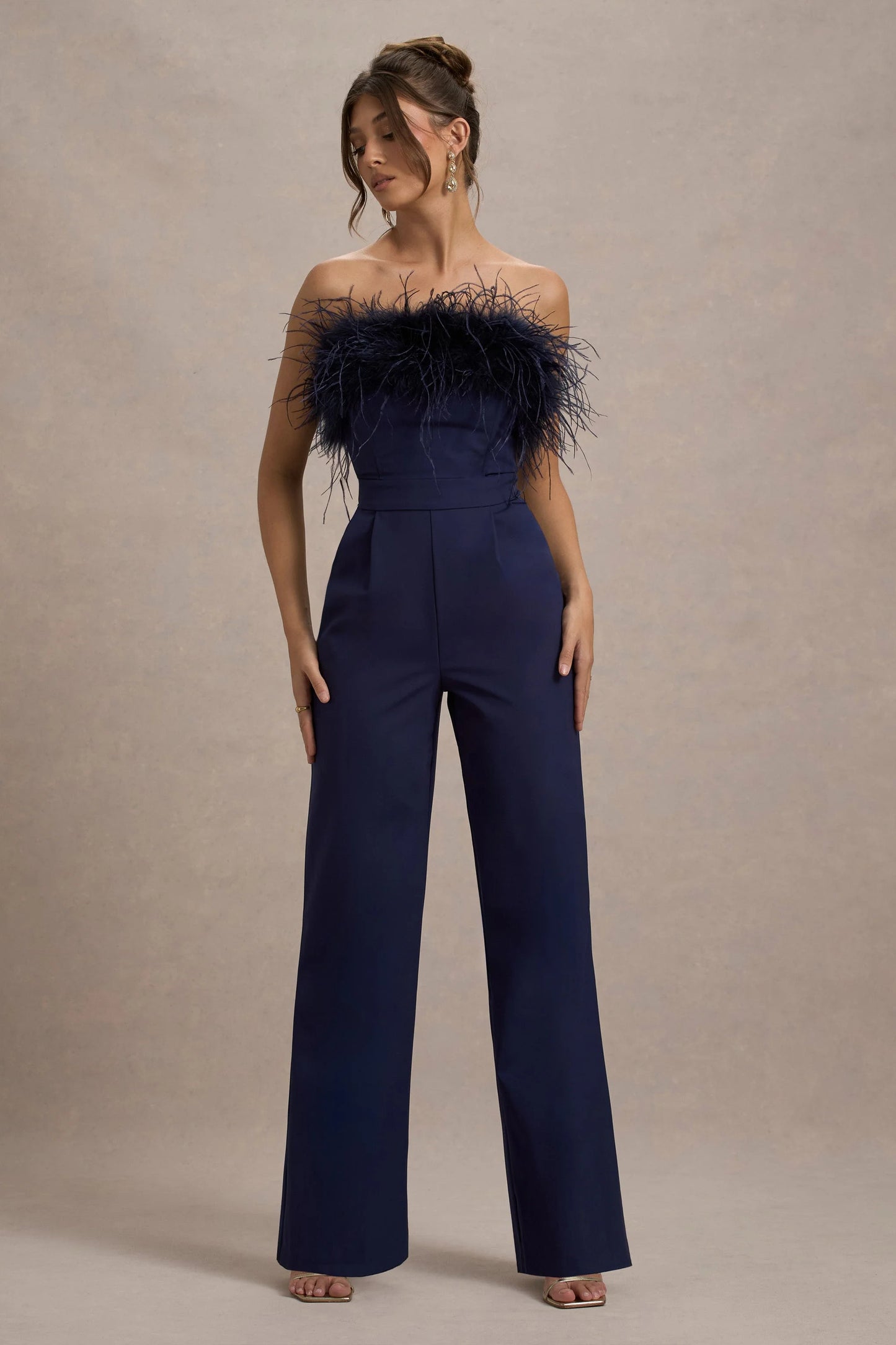 First Class | Navy Bandeau Feather Wide Leg Jumpsuit