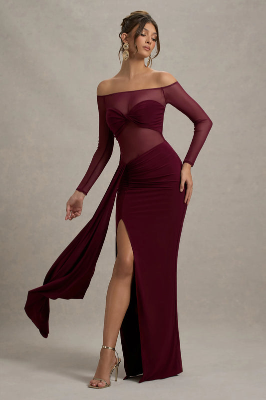 Cover Star | Burgundy Mesh Bardot Long-Sleeve Draped Maxi Dress