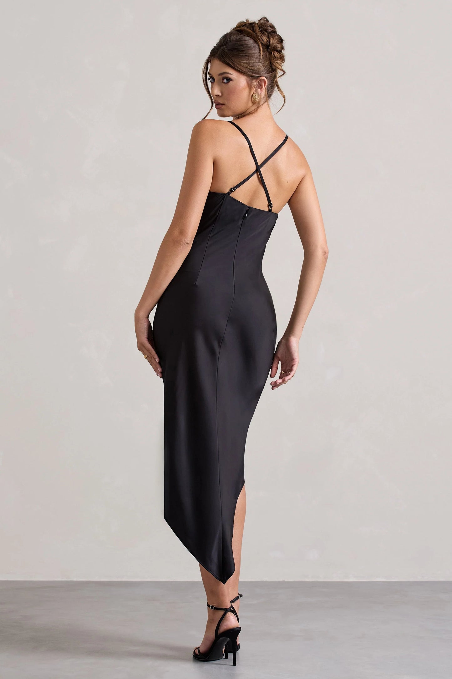 Fillie | Black Satin Asymmetric Cowl-Neck Midi Dress