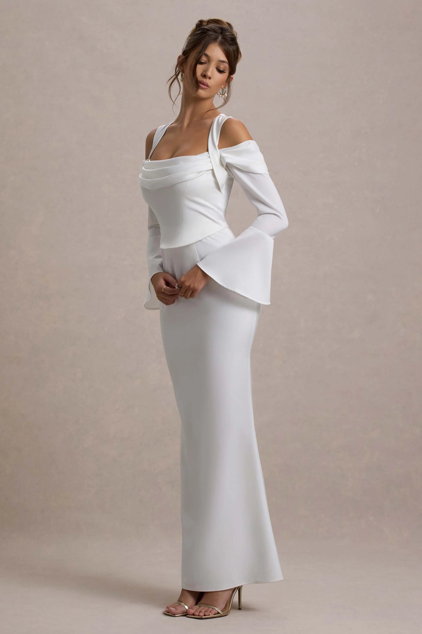 Heartthrob | Ivory Satin Draped Bardot Maxi Dress