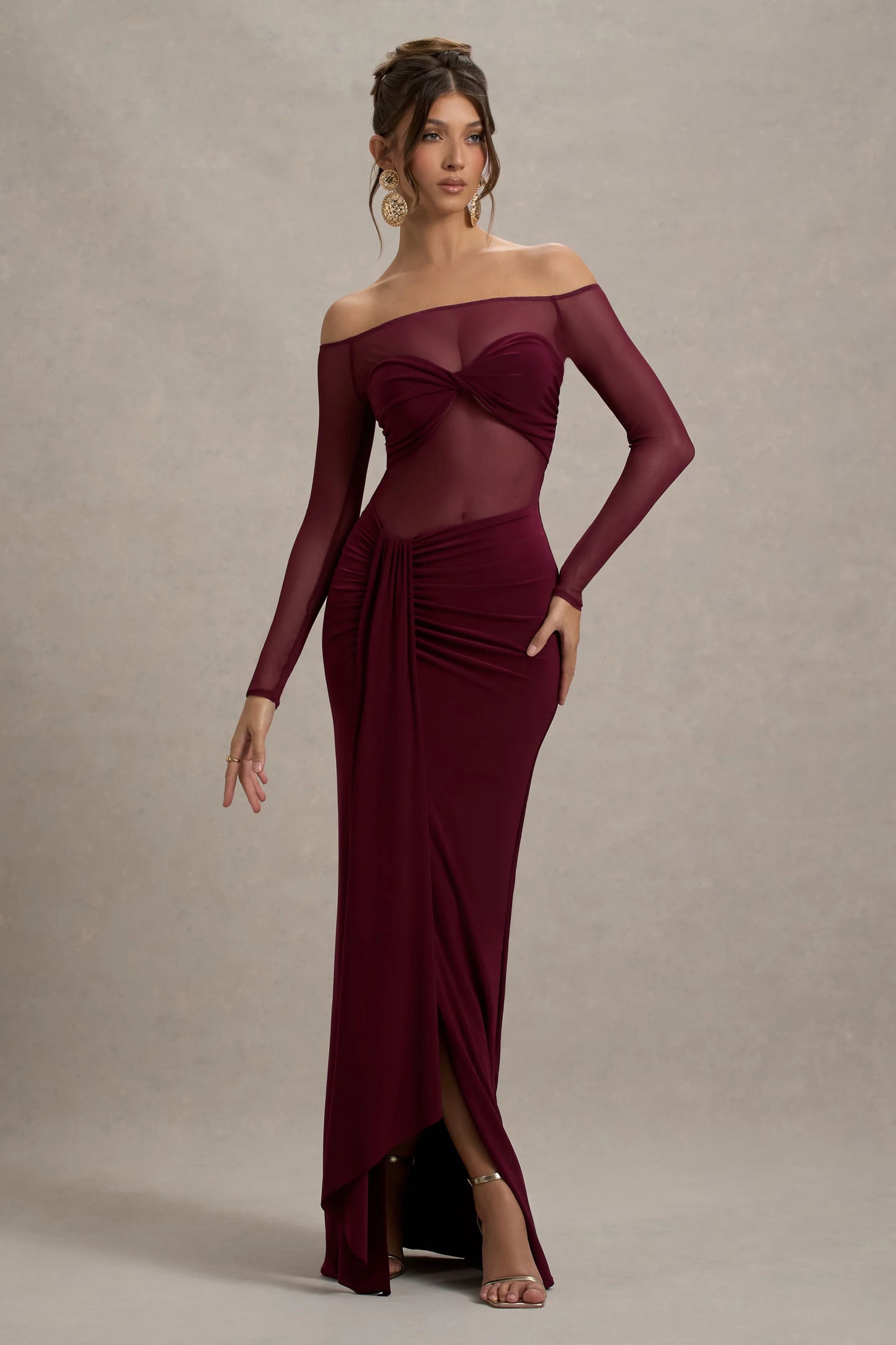 Cover Star | Burgundy Mesh Bardot Long-Sleeve Draped Maxi Dress