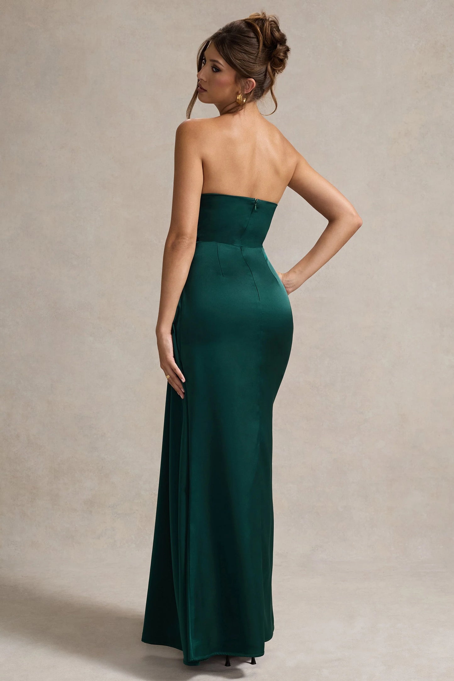 Hollywood | Bottle Green Satin Strapless Draped Maxi Dress