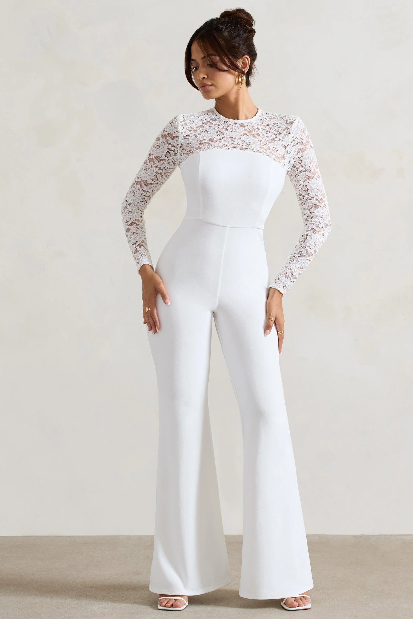 Amari | White Lace Long-Sleeve Flared-Leg Jumpsuit