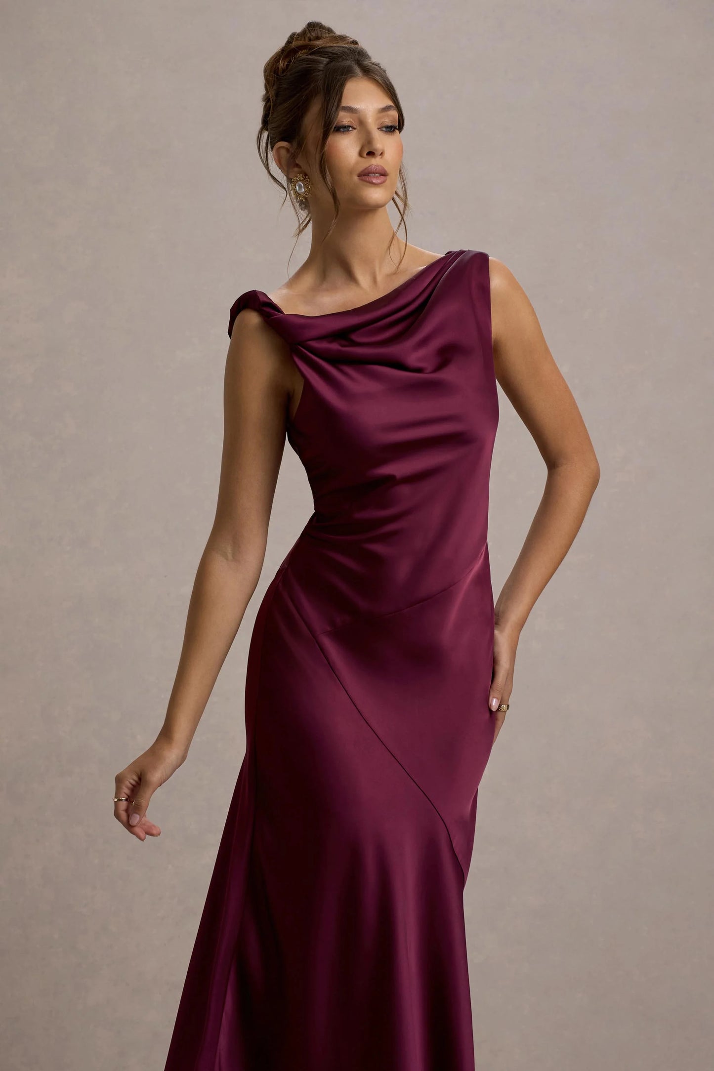 Donelli | Plum Satin Asymmetric Midi Dress