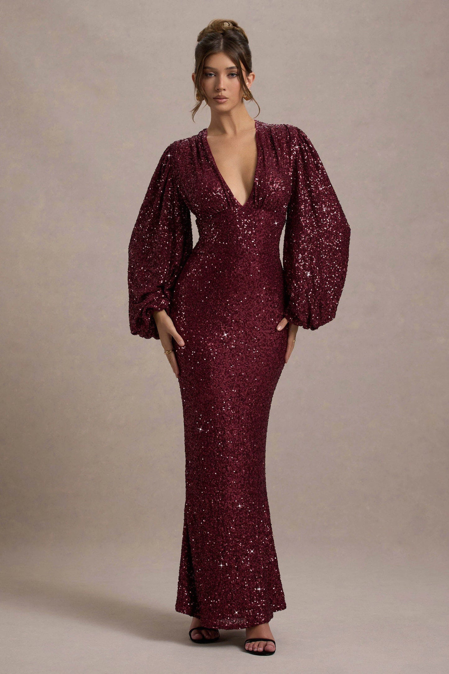 Kaelin | Berry Sequin Plunge-Neck Maxi Dress