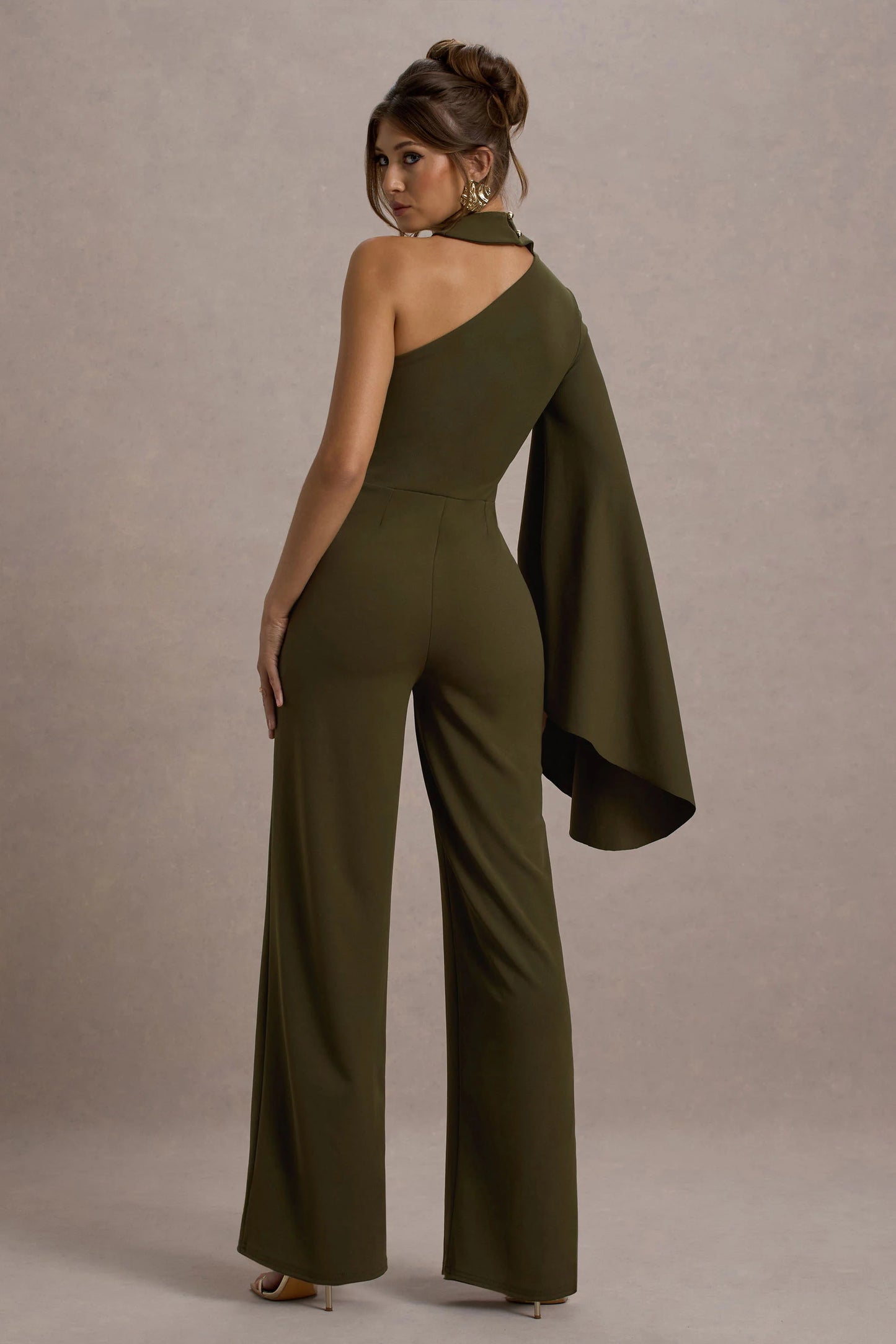 Fenix | Khaki Asymmetric Cape-Sleeve Straight-Leg Jumpsuit