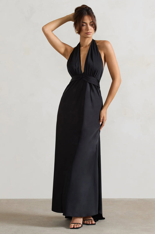 Carolyn | Black Satin Plunge Maxi Dress With Dipped Hem