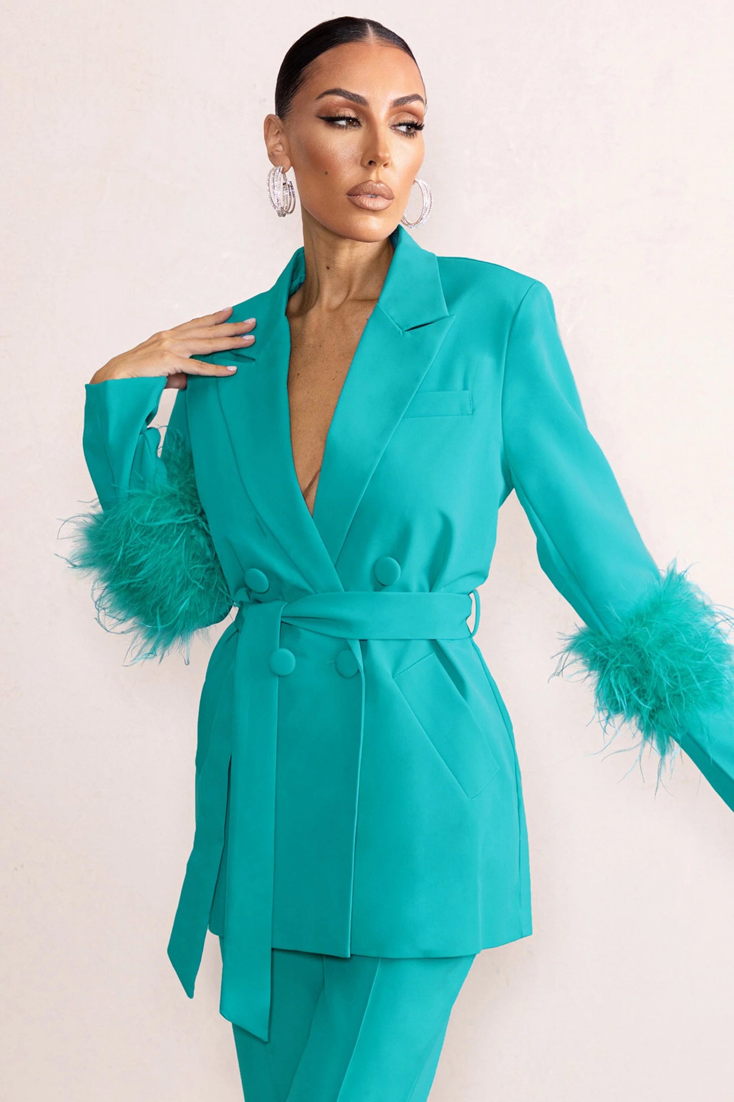 Just Like That | Turquoise Belted Blazer With Feather Detail