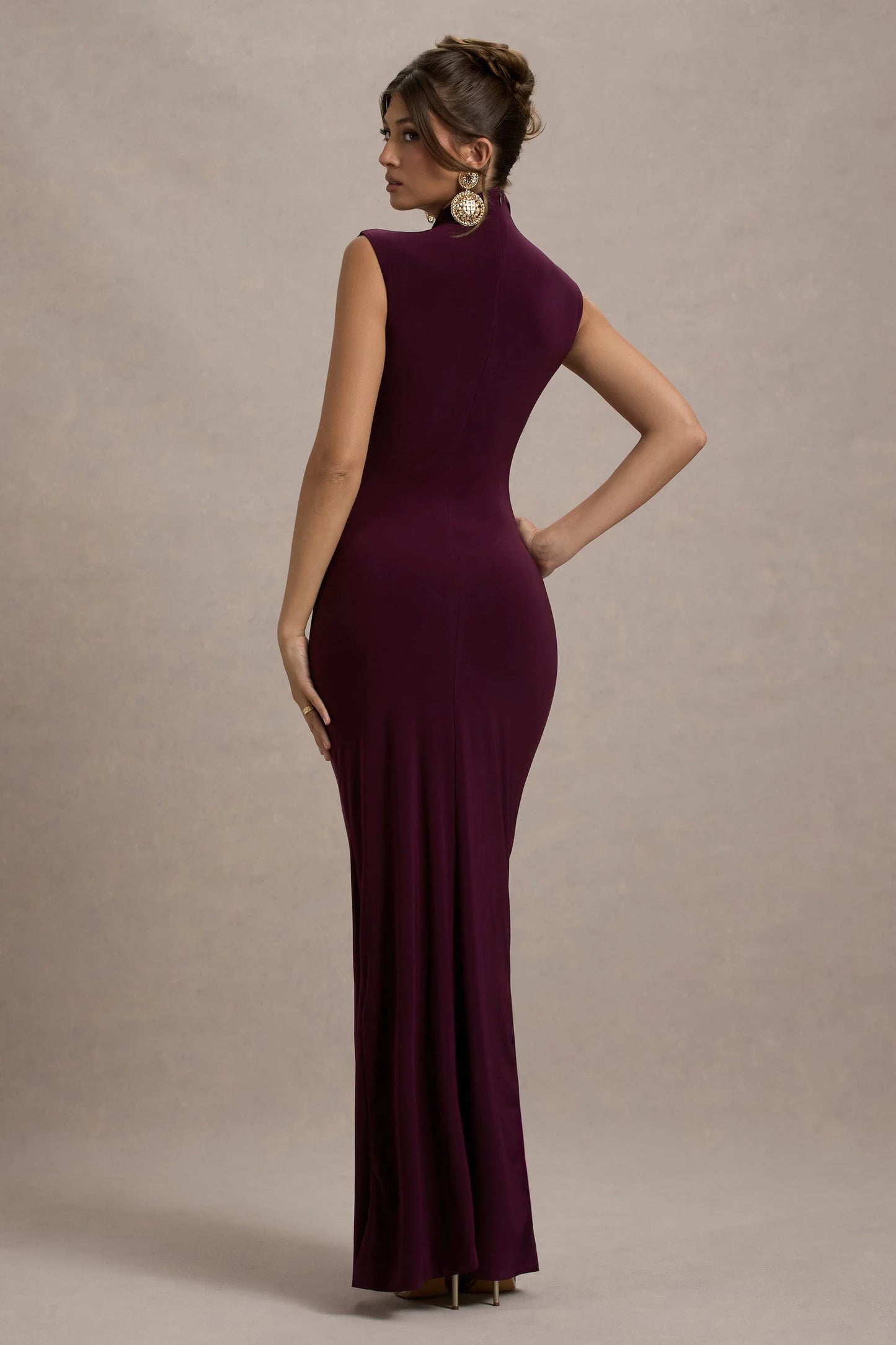 Lanetta | Plum Ruched High-Neck Maxi Dress With Split