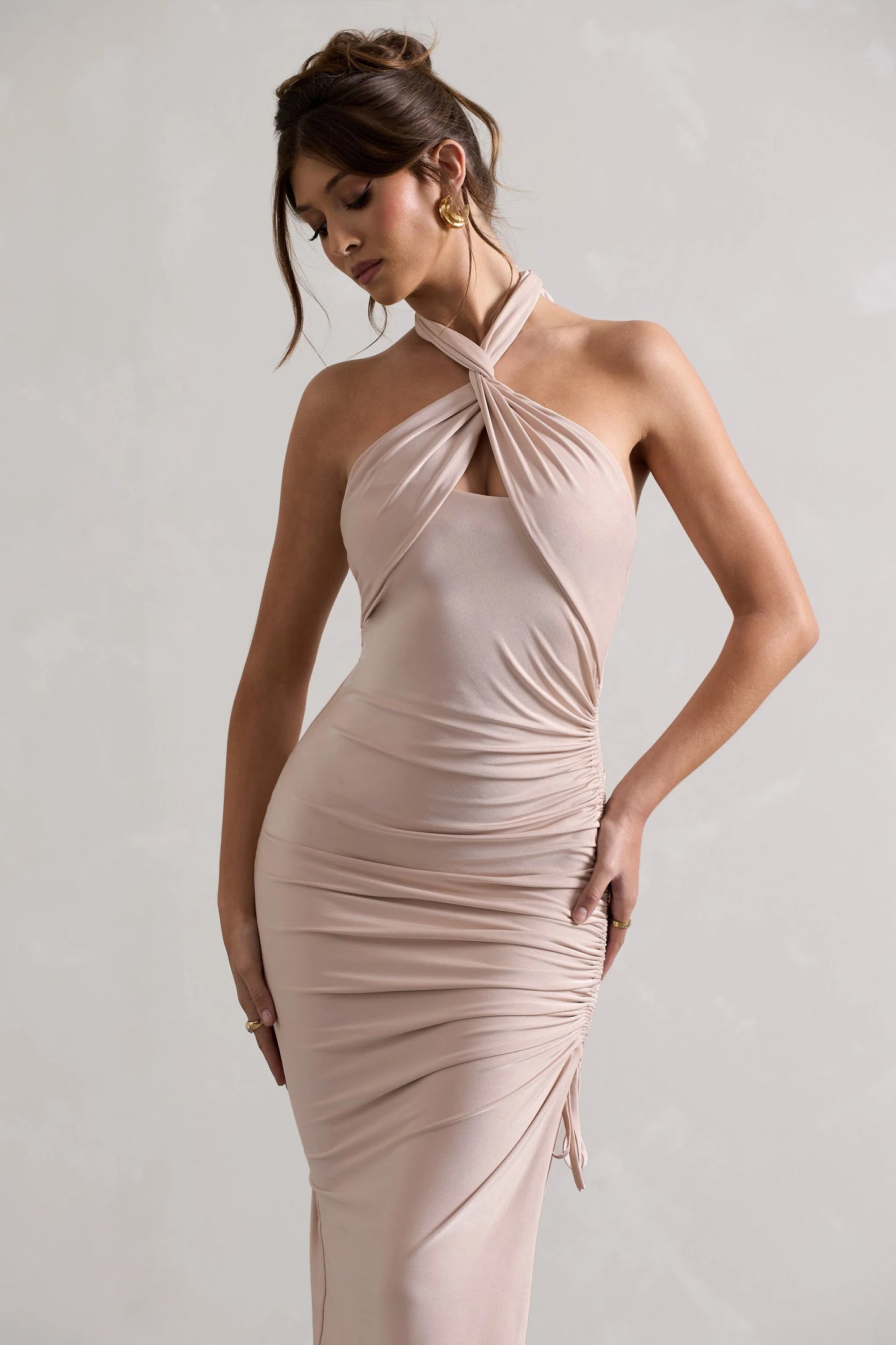 Jaiya | Champagne Ruched Halter-Neck Asymmetric Maxi Dress