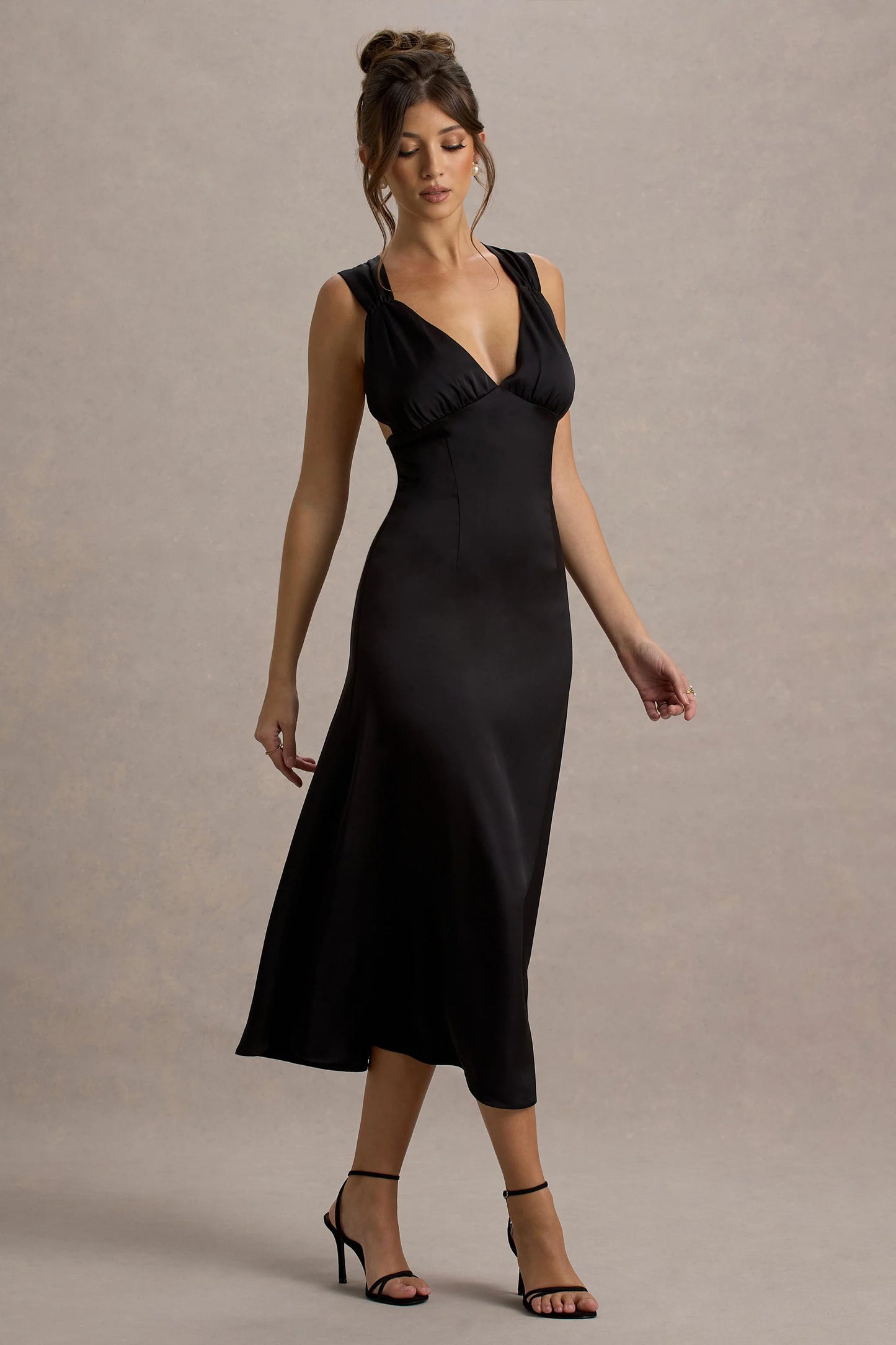 Beck | Black Satin Plunge-Neck Cross-Back Midi Dress