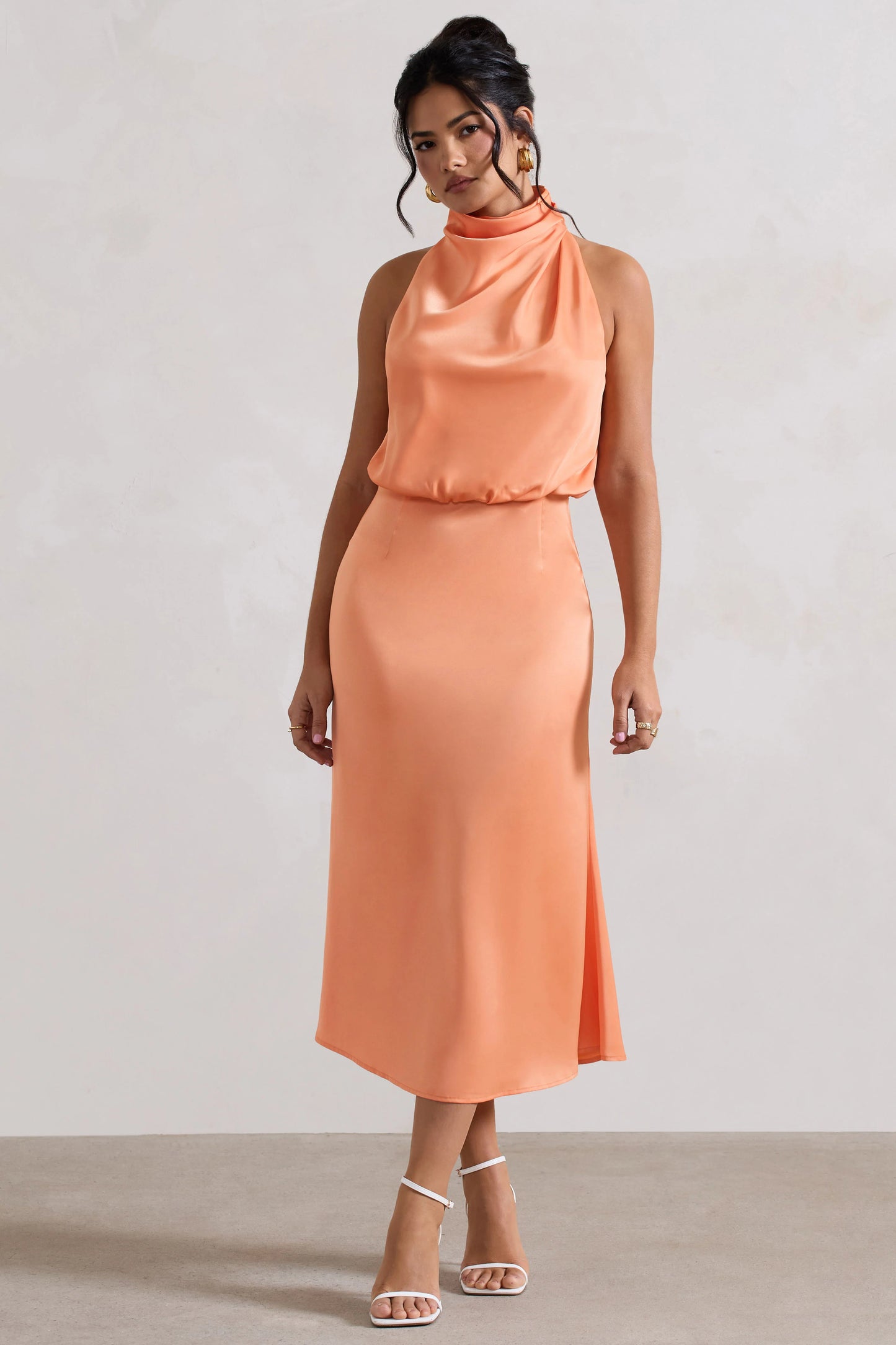 Geena | Peach Satin Twisted High-Neck Midi Dress