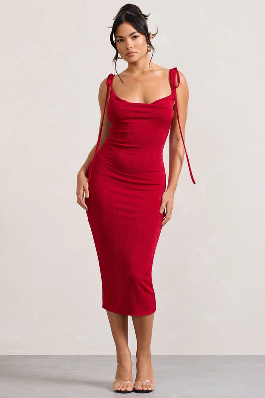 Irina | Red Cowl-Neck Bodycon Midi Dress