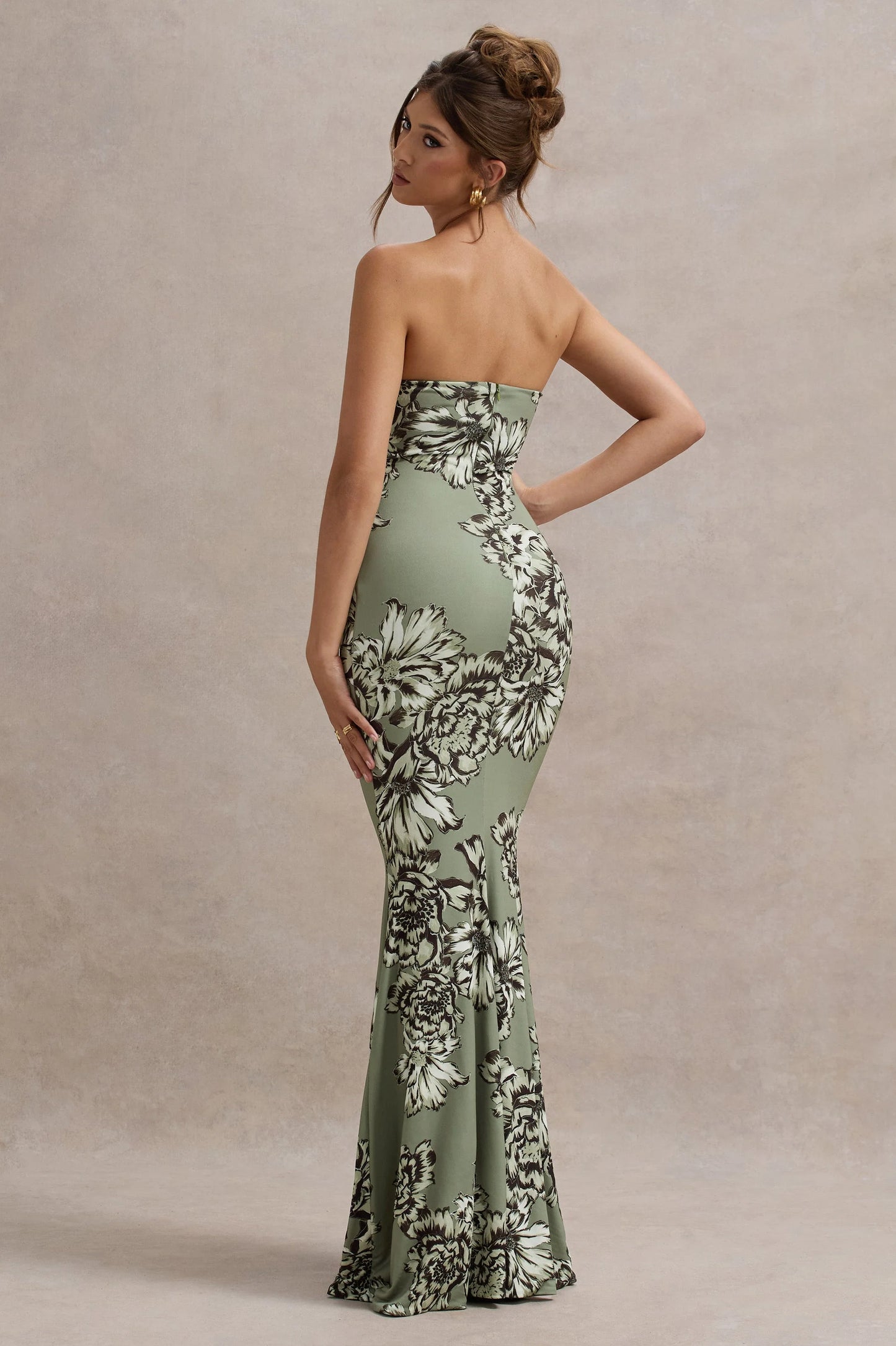 Buena | Olive Floral Print Strapless Gathered Maxi Dress With Split