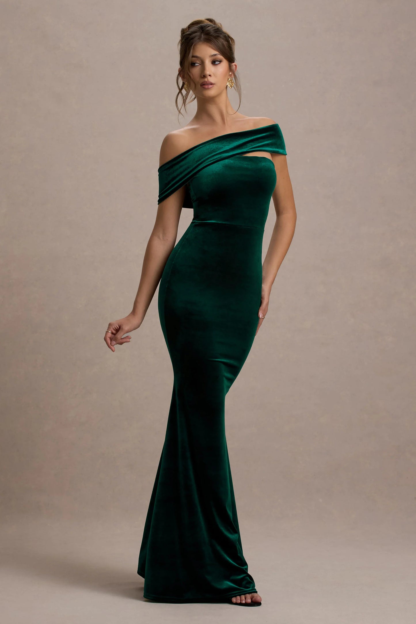 Candela | Bottle Green Velvet Asymmetric Bardot Maxi Dress