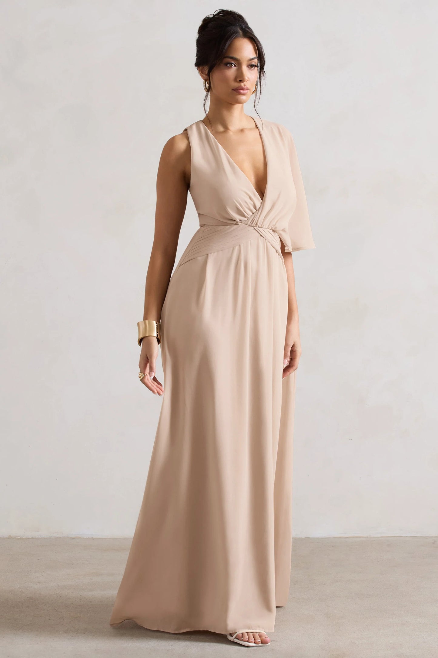 Fairytale | Champagne Plunge-Neck Chiffon Maxi Dress With Cape Sleeve