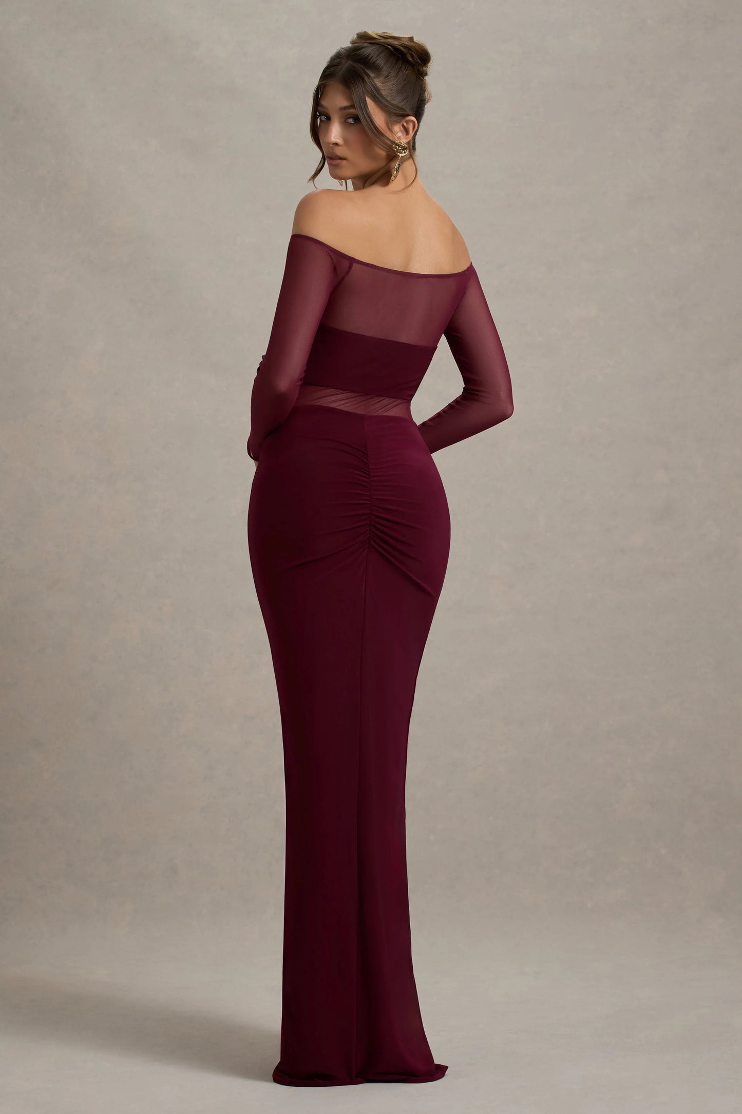 Cover Star | Burgundy Mesh Bardot Long-Sleeve Draped Maxi Dress