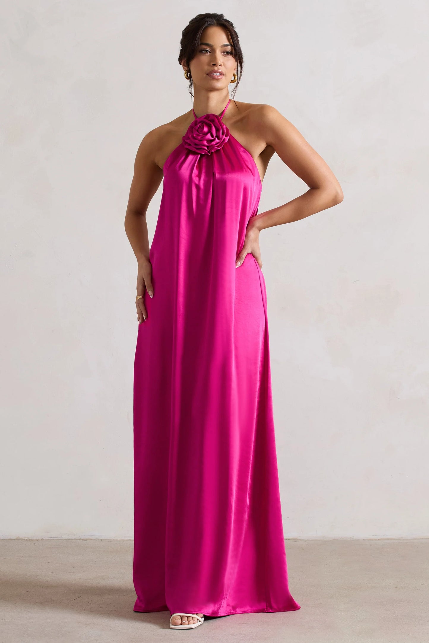 Everleigh | Dark Pink Satin Relaxed Fit Maxi Column Dress With Corsage