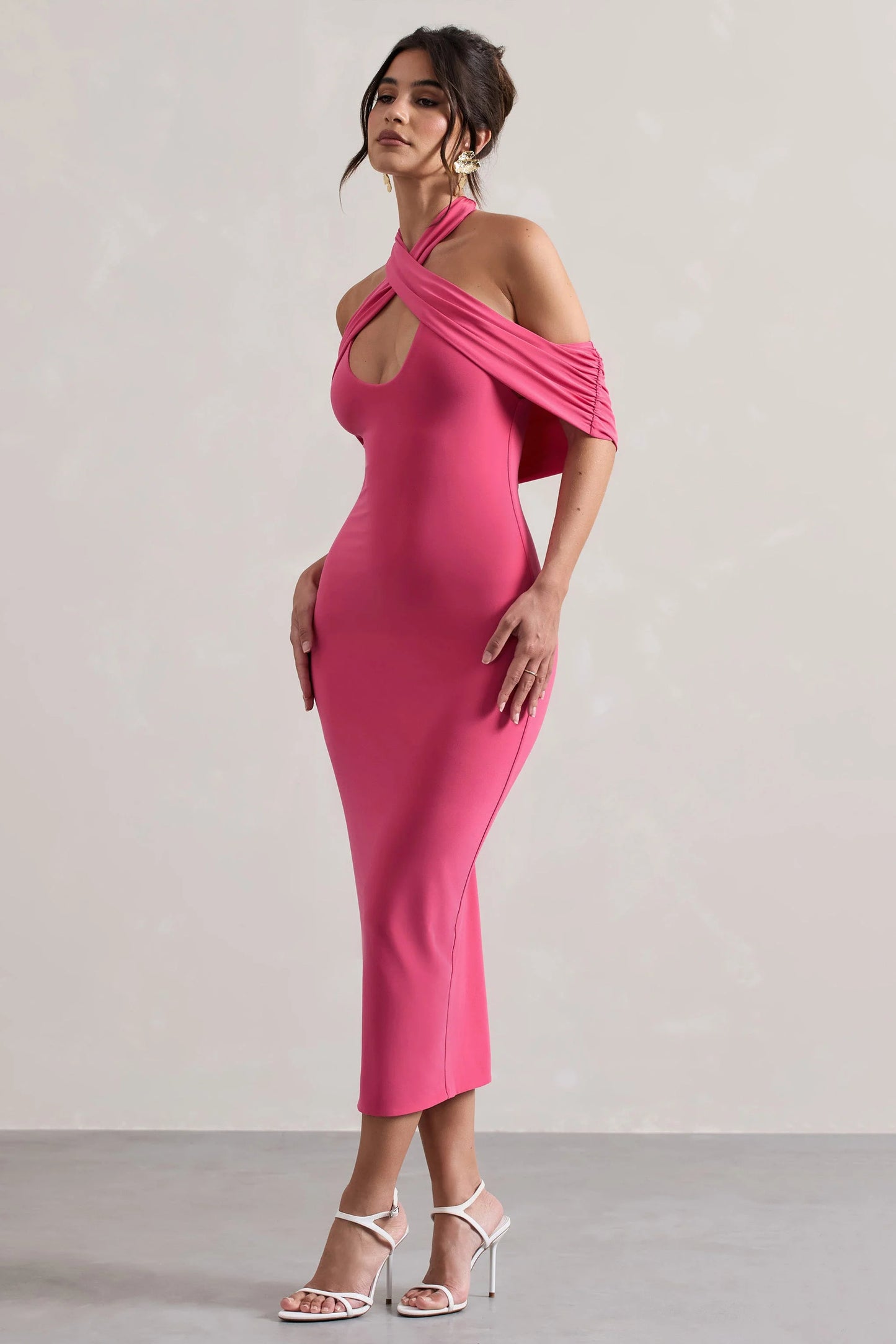 Connect | Pink Bodycon Halter-Neck Midi Dress With Cut-Out