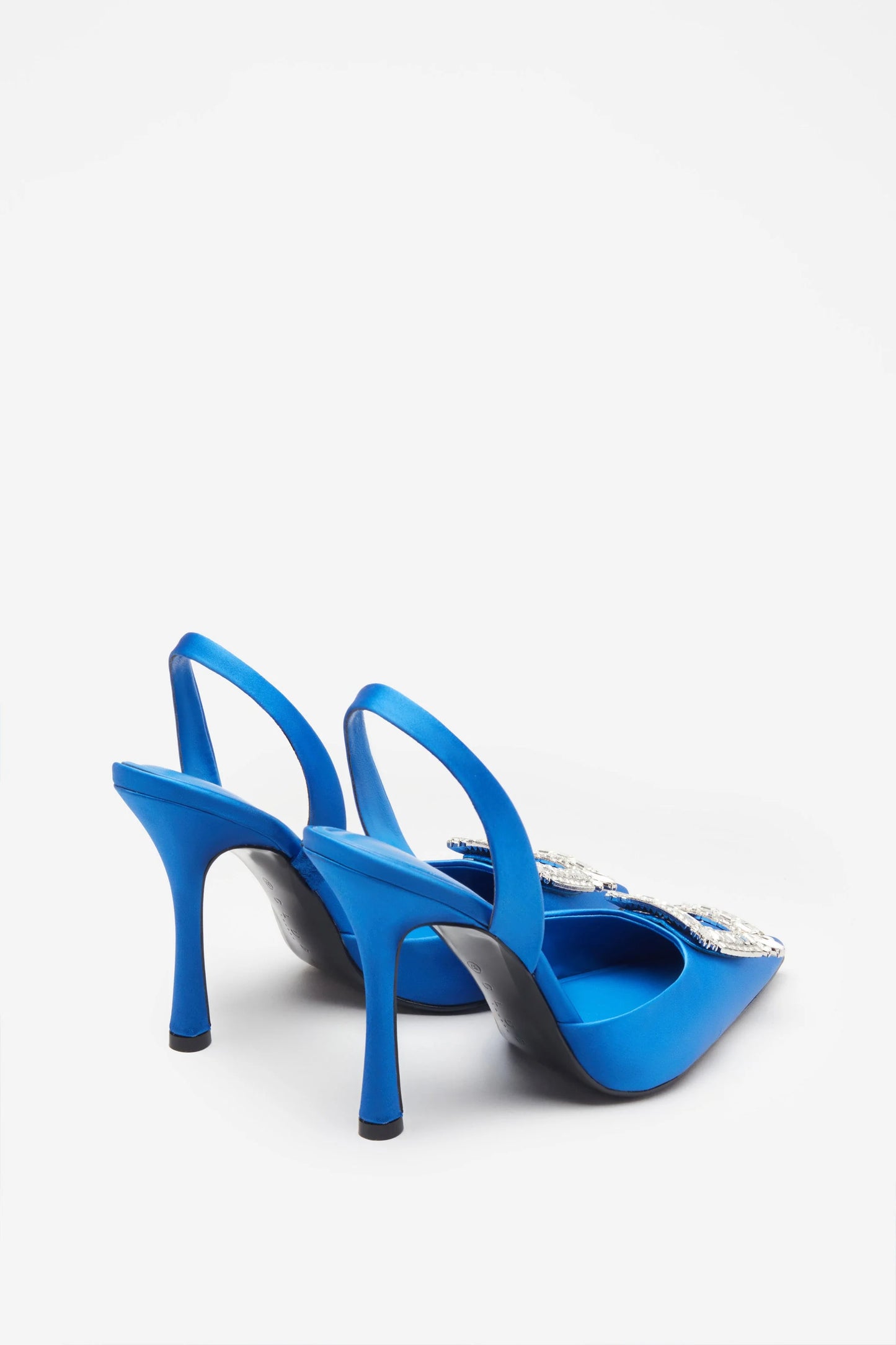 Just A Fling | Blue Satin Sling Back Heels With Diamante Brooches