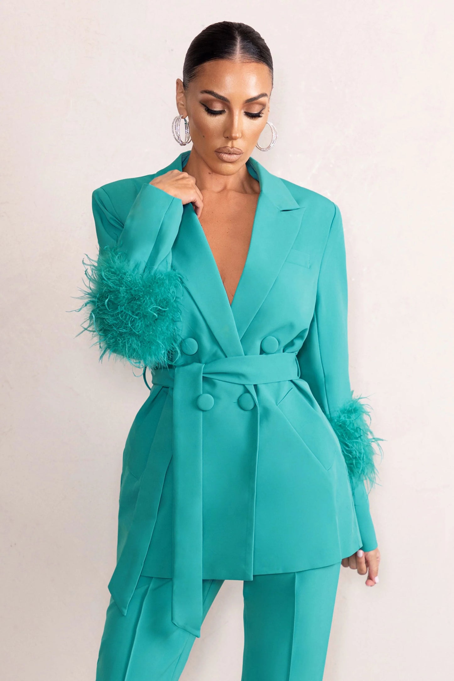 Just Like That | Turquoise Belted Blazer With Feather Detail