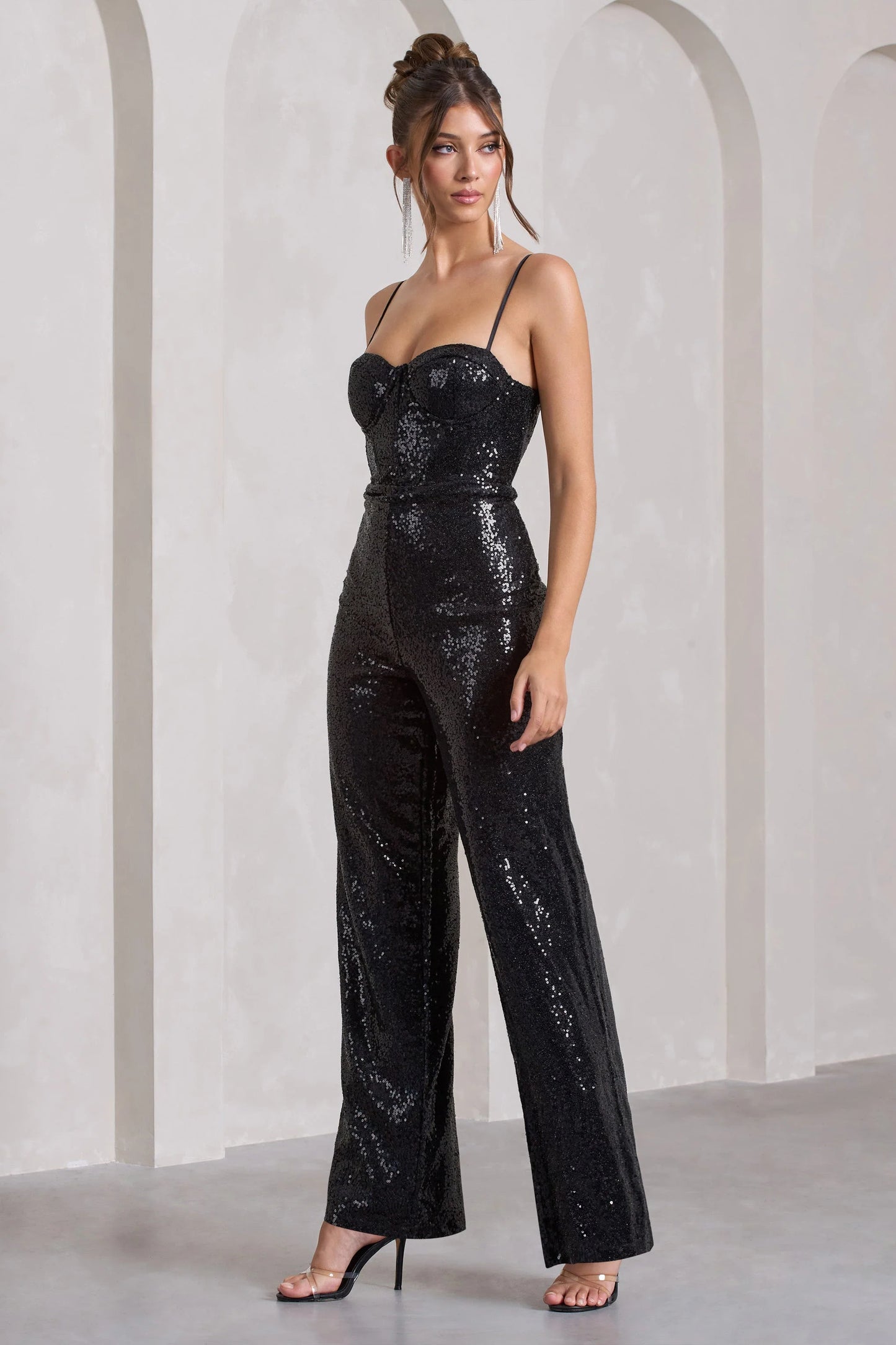 Dandelion | Black Strappy Corset Sequin Jumpsuit