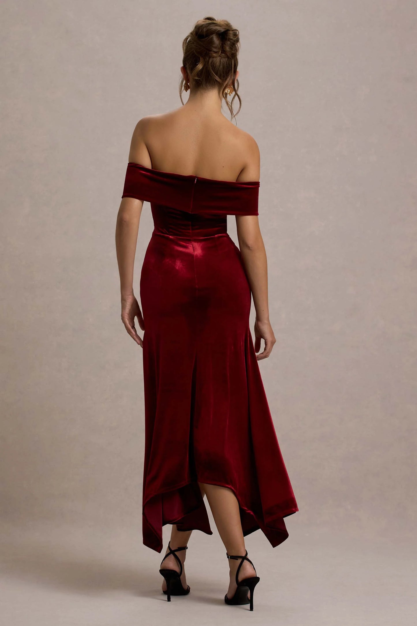 Halia | Berry Velvet Bardot Midi Dress