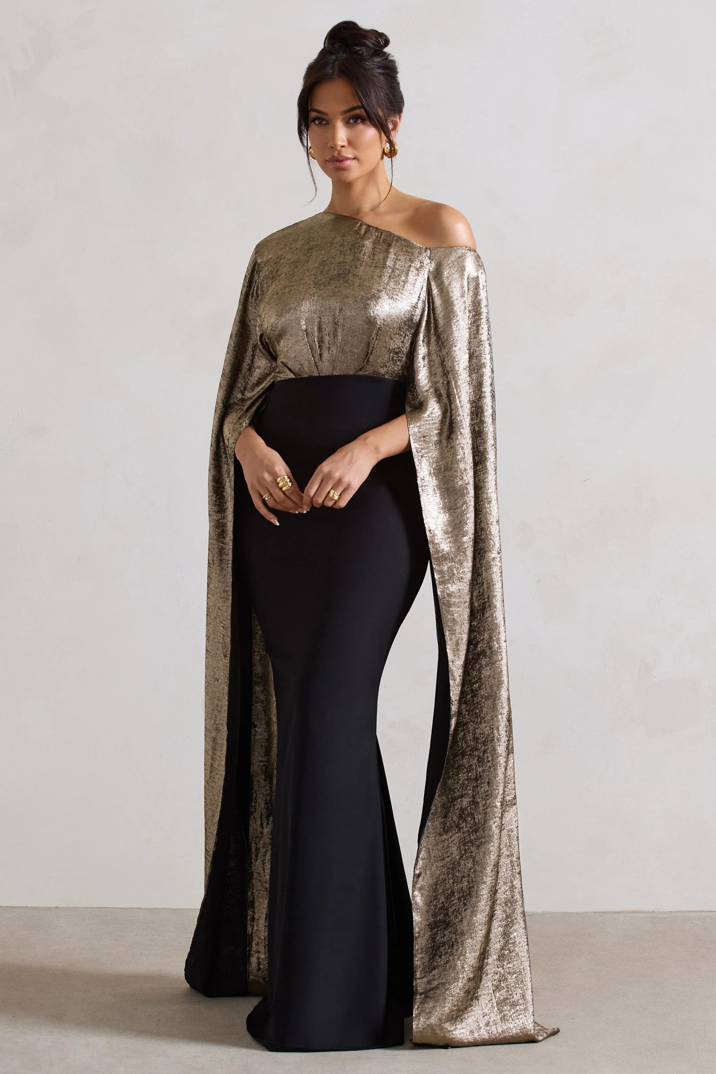 Alura | Black & Gold Metallic One Shoulder Cape Maxi Dress