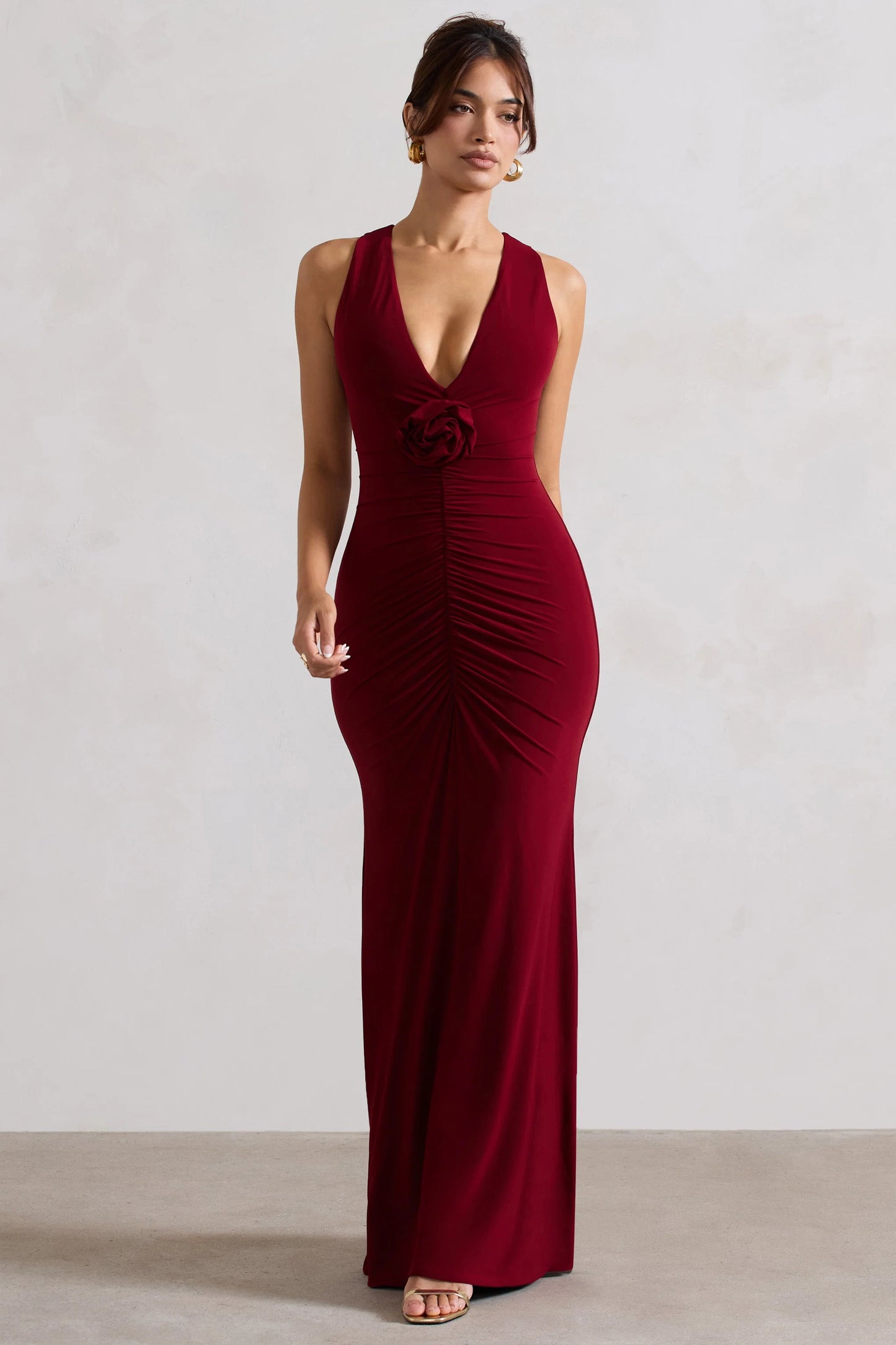 Julianna | Wine Plunge-Neck Ruched Maxi Dress With Corsage