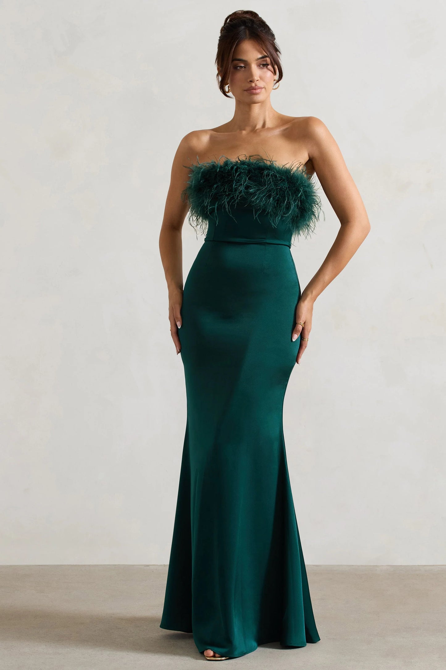 Dress For It | Bottle Green Satin Feather Trim Bandeau Maxi Dress