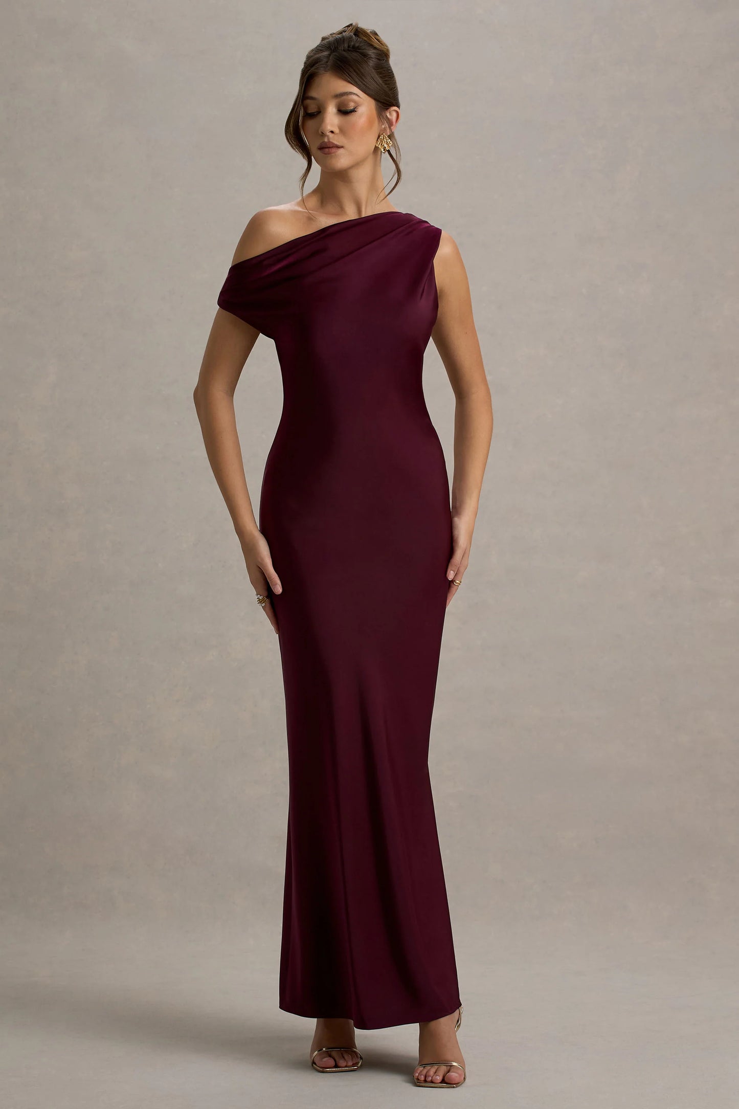 Isolde | Burgundy Satin One-Shoulder Maxi Dress