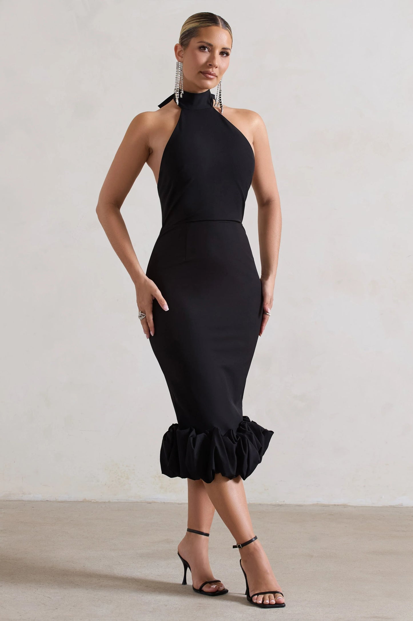 Ashton | Black High-Neck Midi Dress With Ruffle Hem