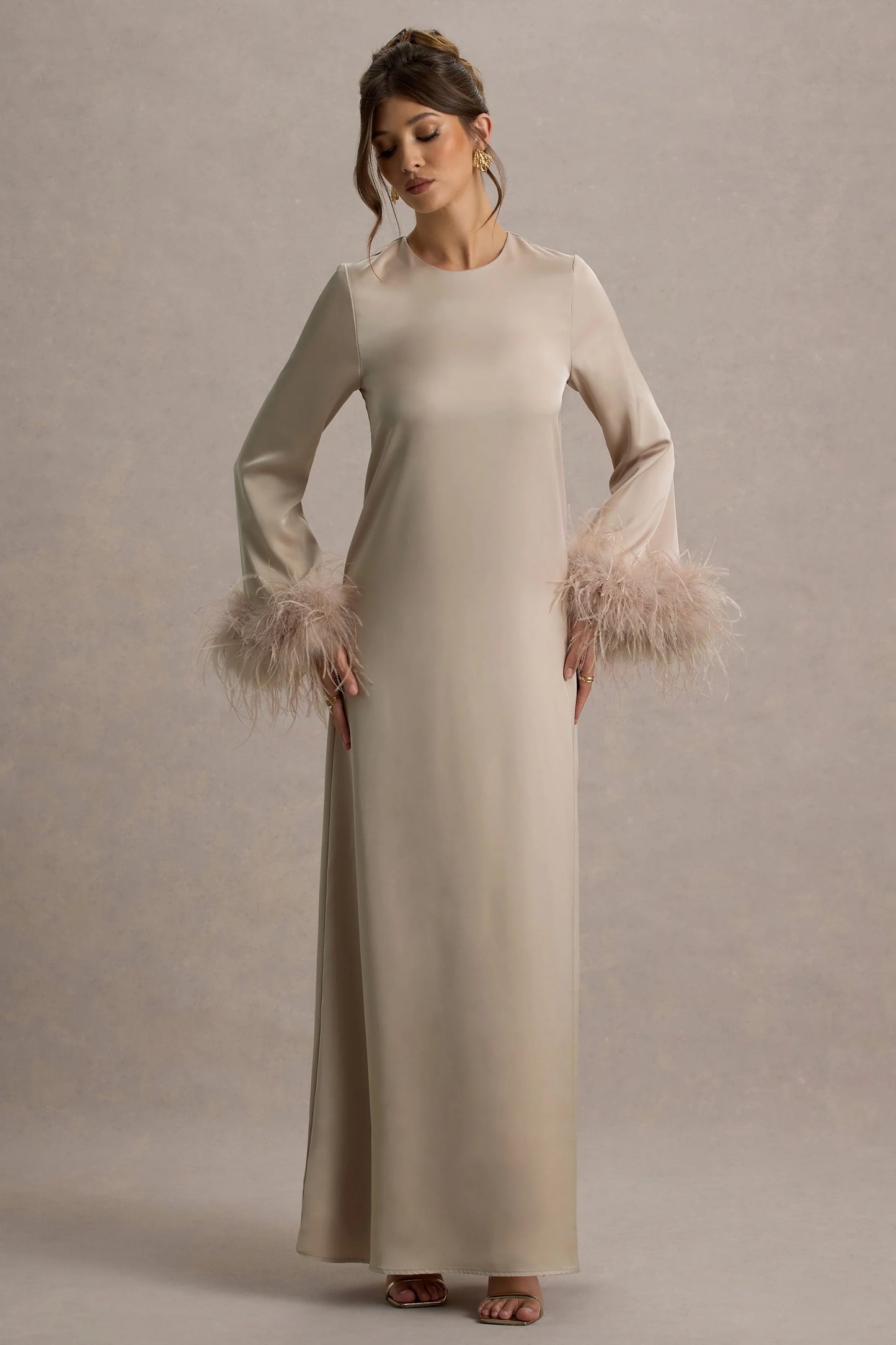 Adella | Champagne Satin Feather-Trim Maxi Dress