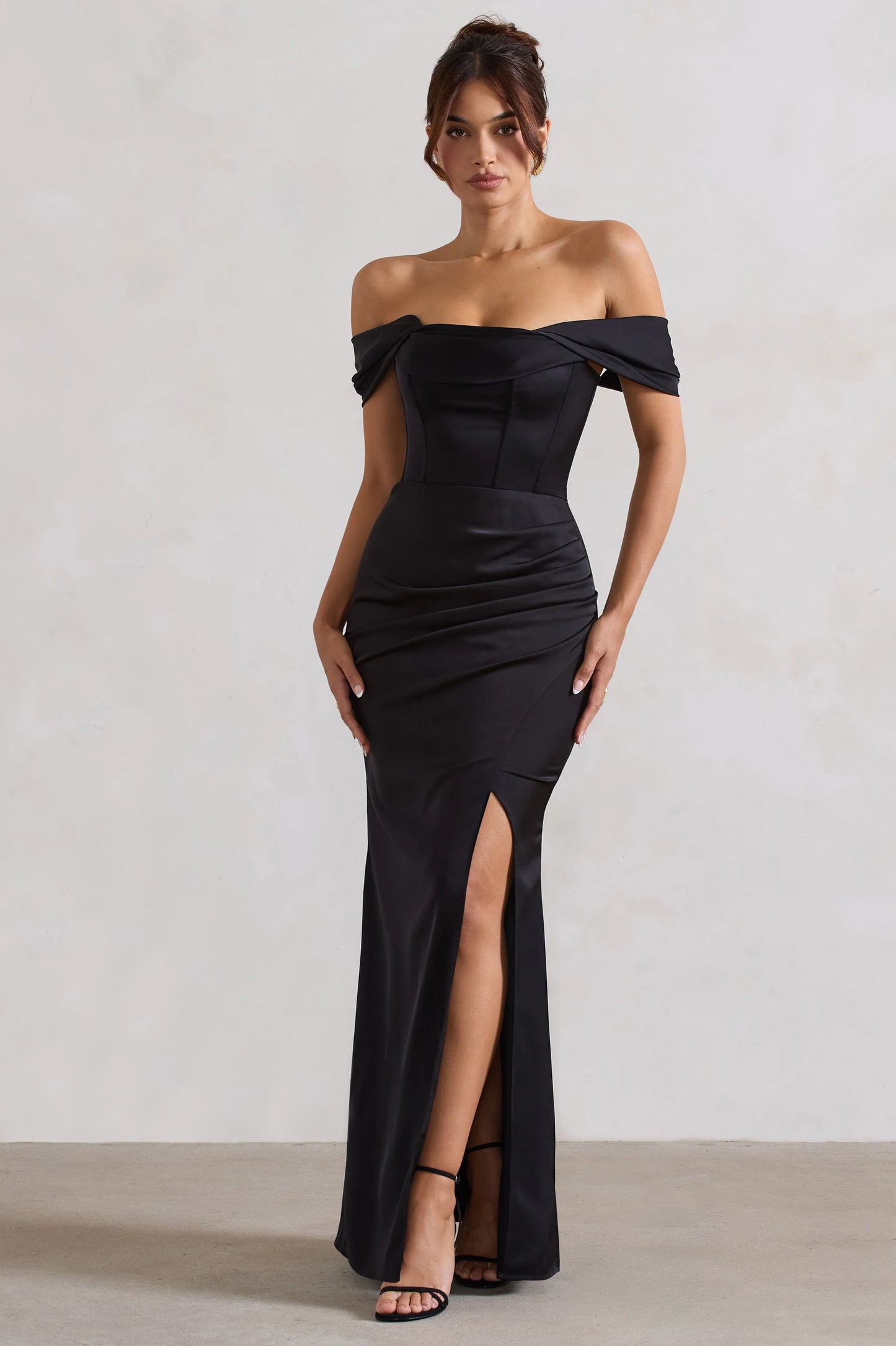 Kimberly | Black Bardot  Satin Maxi Dress