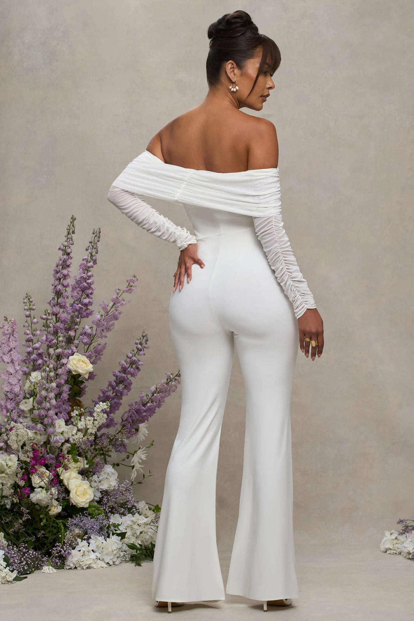 Count Down | White Maternity Ruched Mesh Bardot Jumpsuit