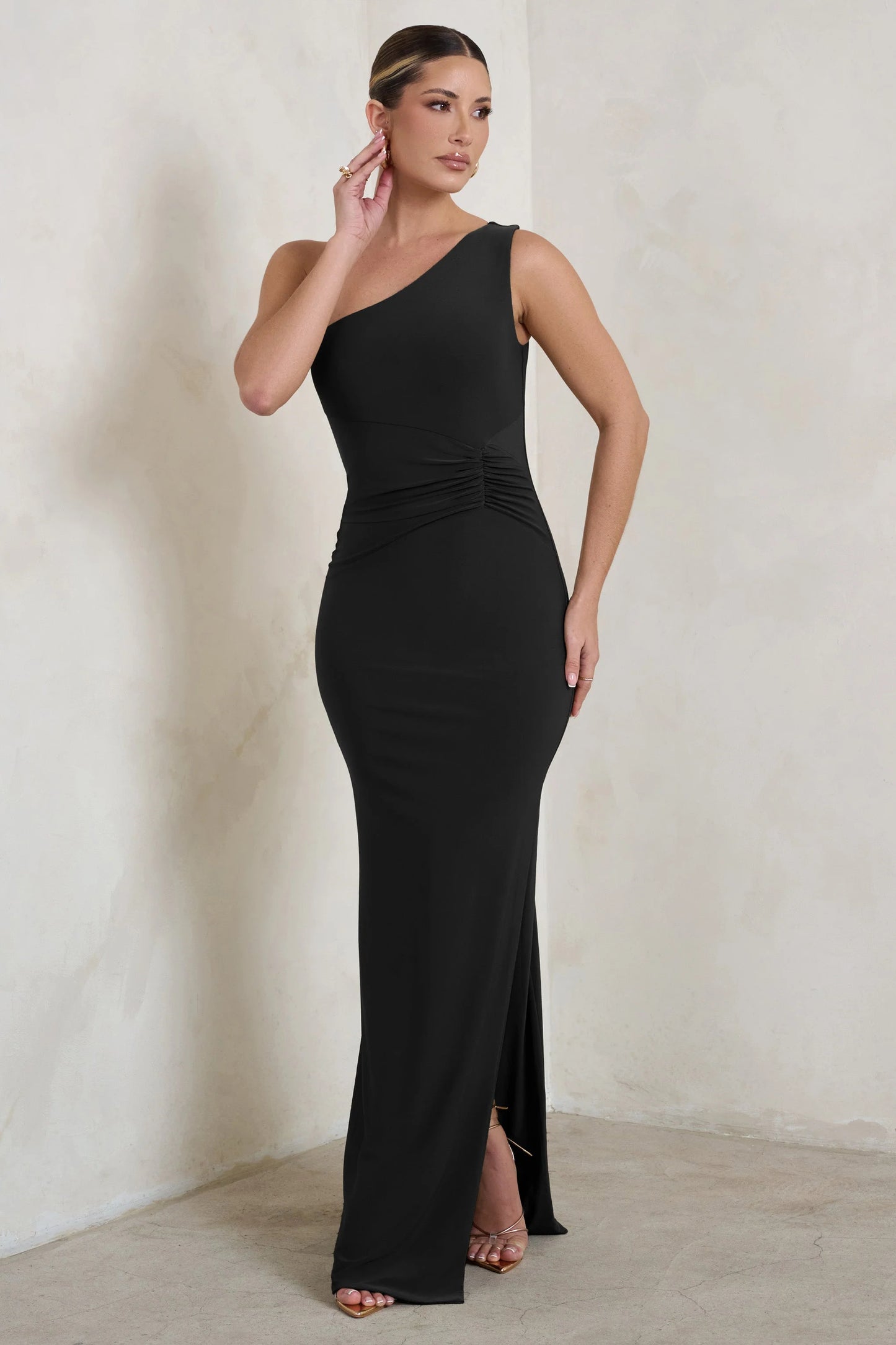 Kary | Black One Shoulder Thigh Split Maxi Dress