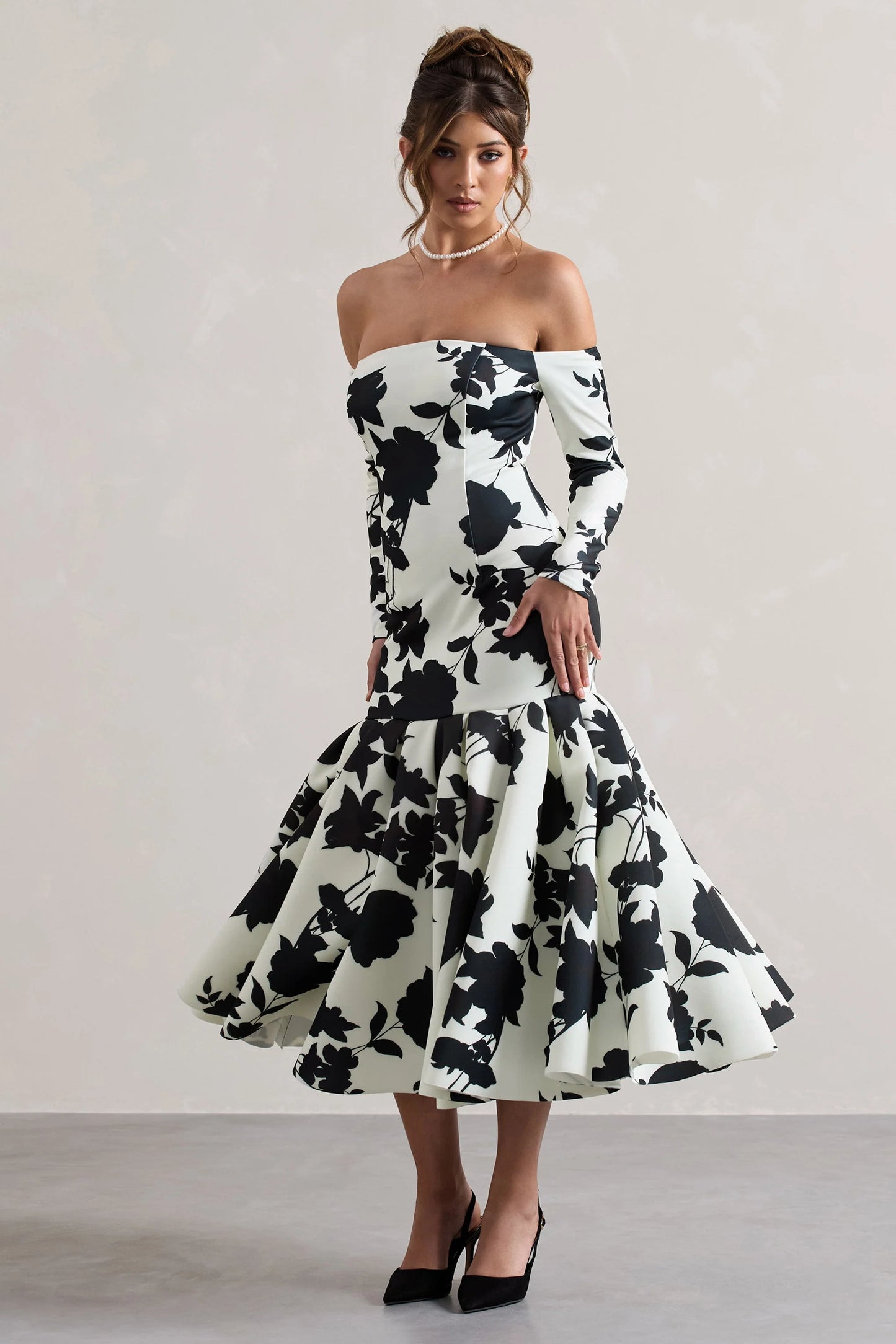 Elite | Cream Floral Print Bardot Maxi Dress With Volume Hem