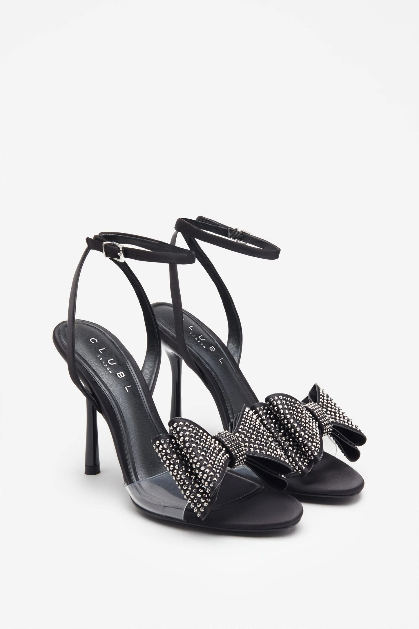 Bowing | Black Satin Heeled Sandals With Diamante Bows