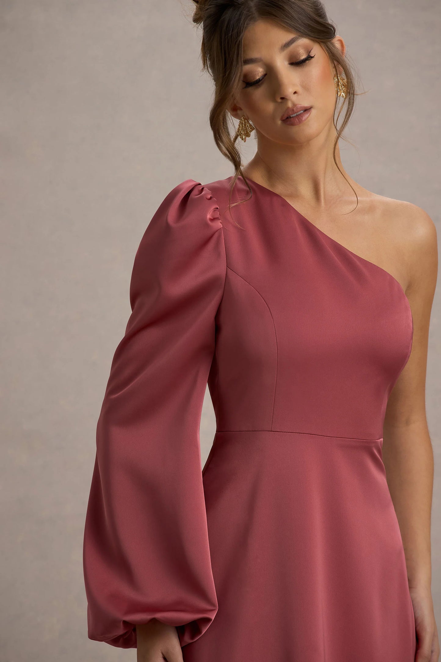 Haila | Rose Pink Satin One-Shoulder Maxi Dress