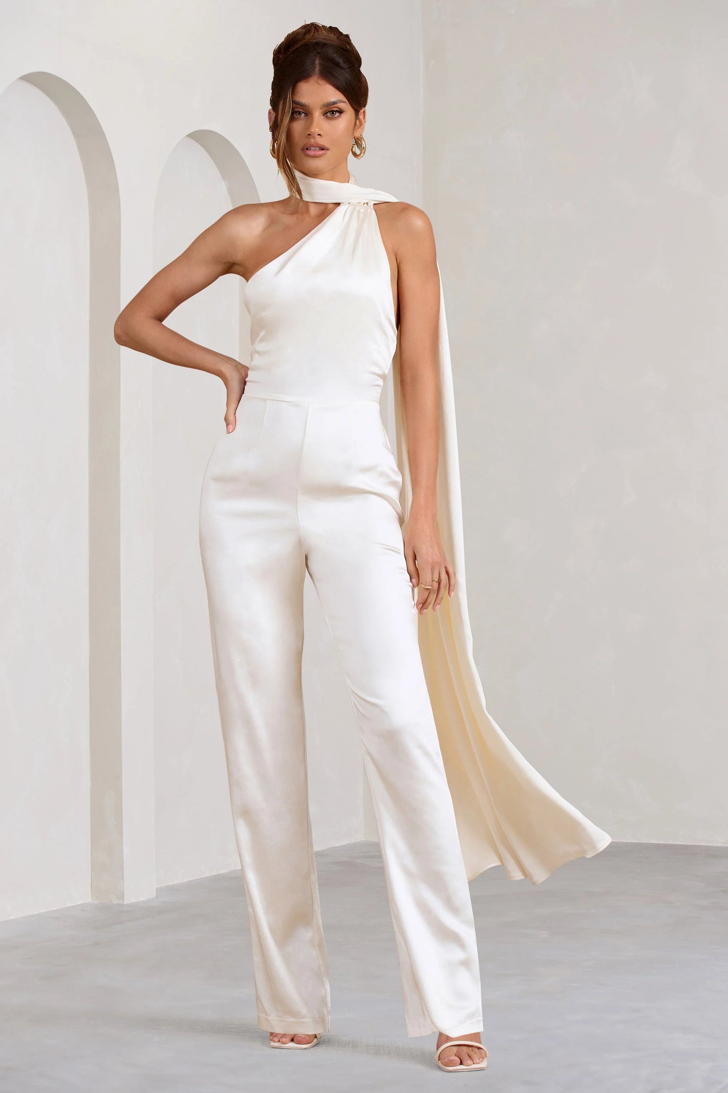 Cascada | Cream Satin Halter Jumpsuit With Draped Scarf